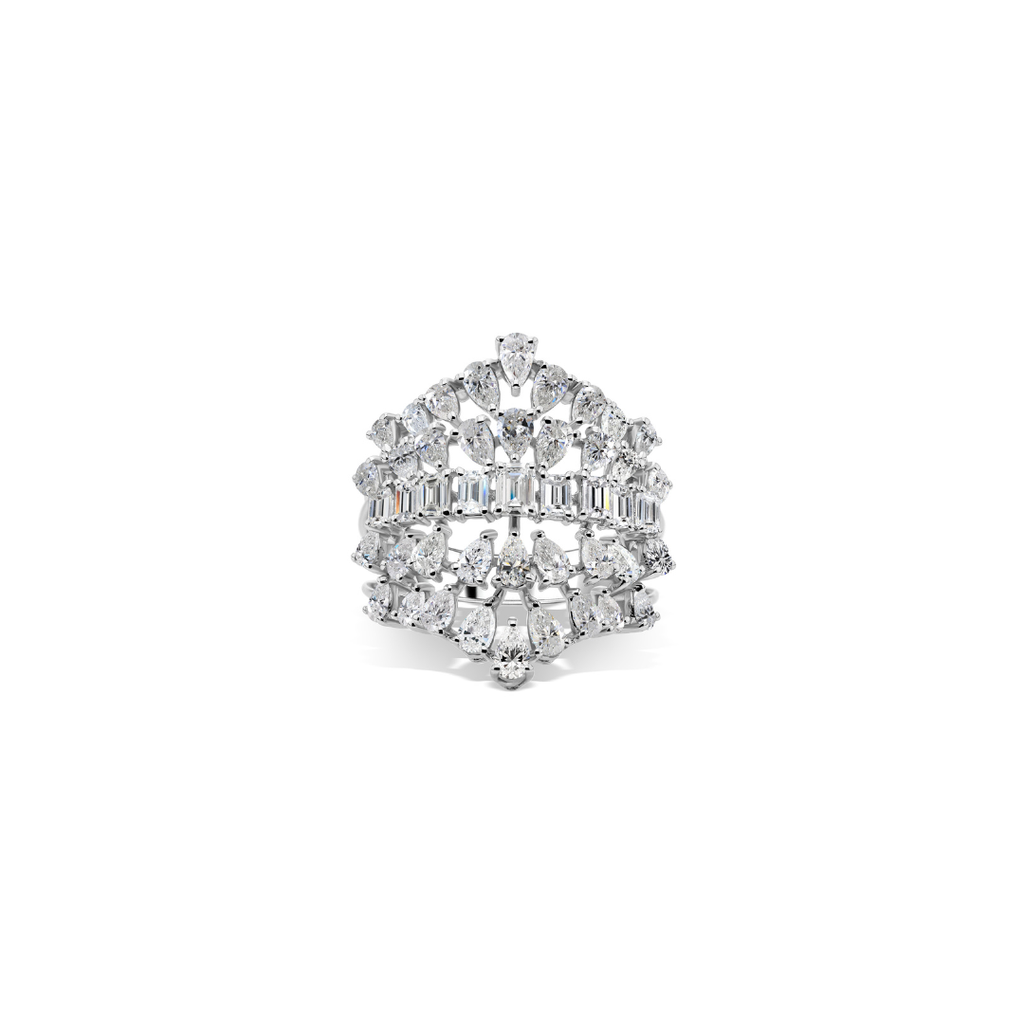 Exquisite Multi Layer Pear and Baguette Cut Diamond Statement Ring