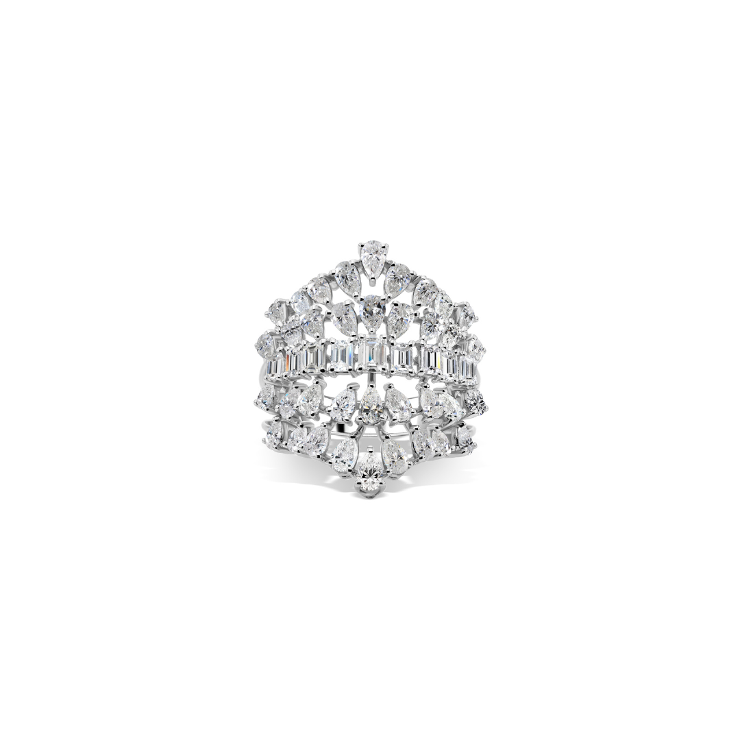 Exquisite Multi Layer Pear and Baguette Cut Diamond Statement Ring