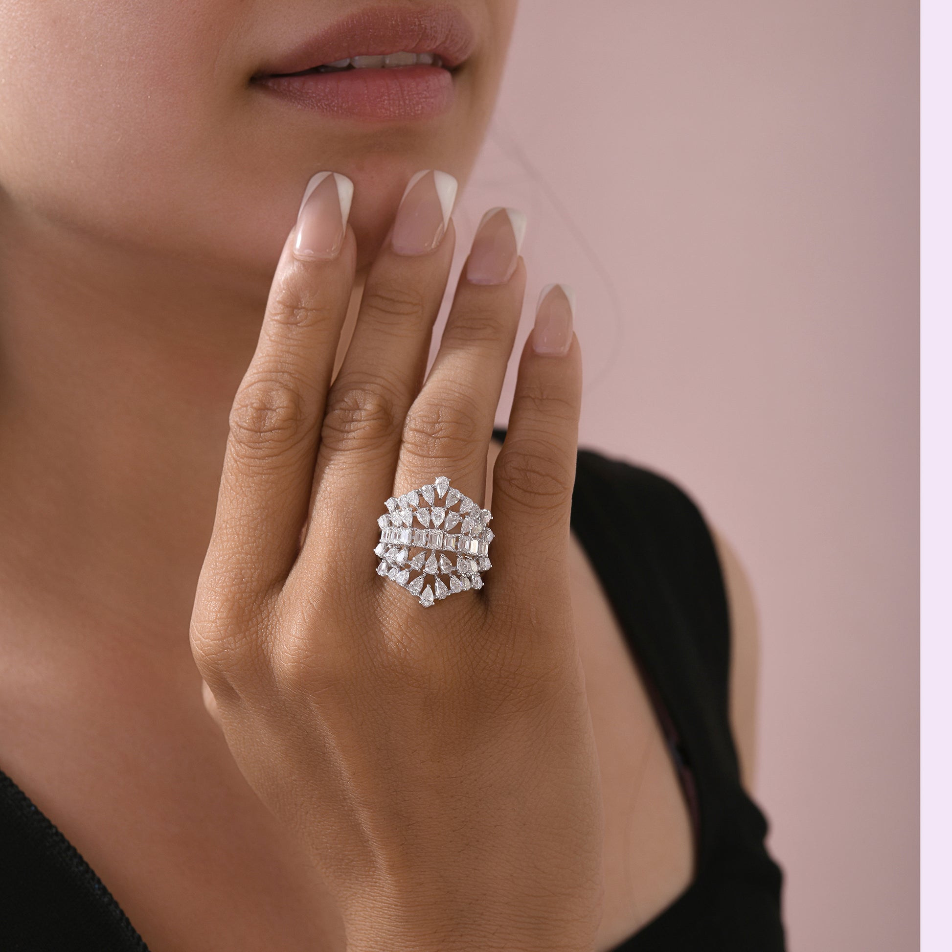 Exquisite Multi Layer Pear and Baguette Cut Diamond Statement Ring