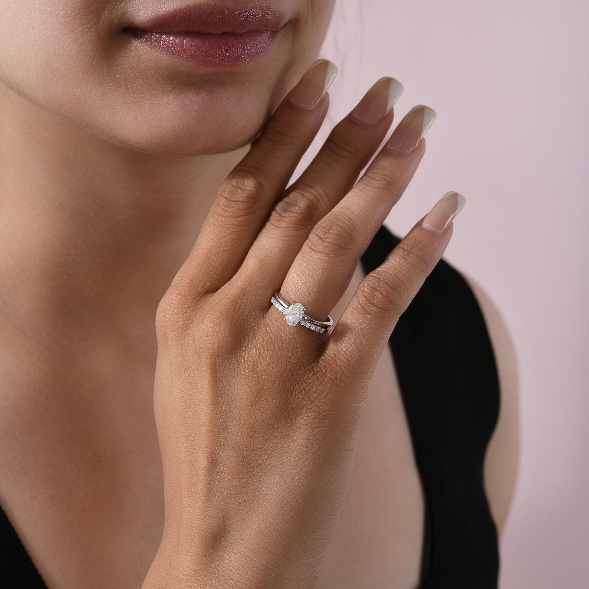 Stackable Oval Round Cut Natural Diamond Two Piece Wedding Band Ring