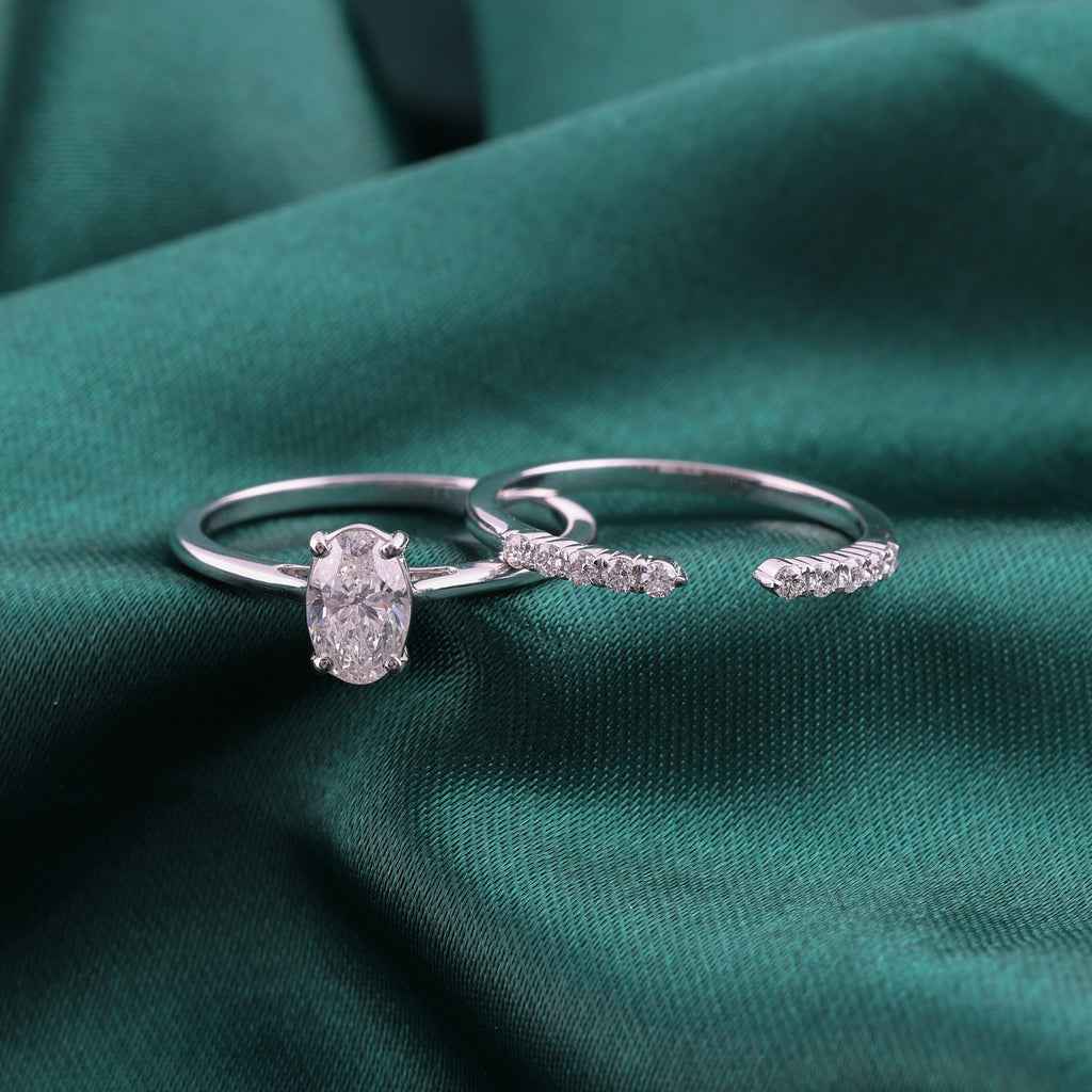 Stackable Oval Round Cut Natural Diamond Two Piece Wedding Band Ring