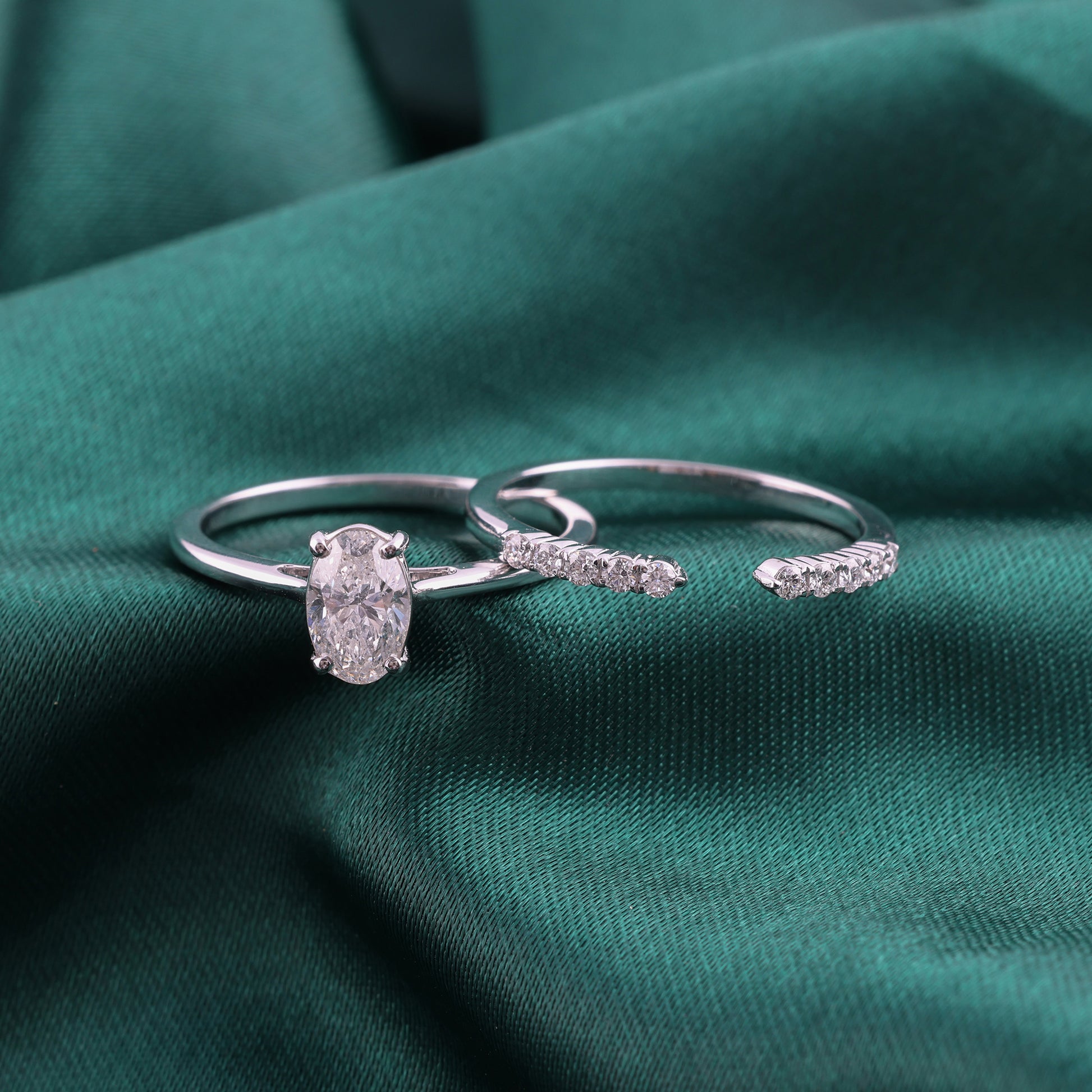 Stackable Oval Round Cut Natural Diamond Two Piece Wedding Band Ring