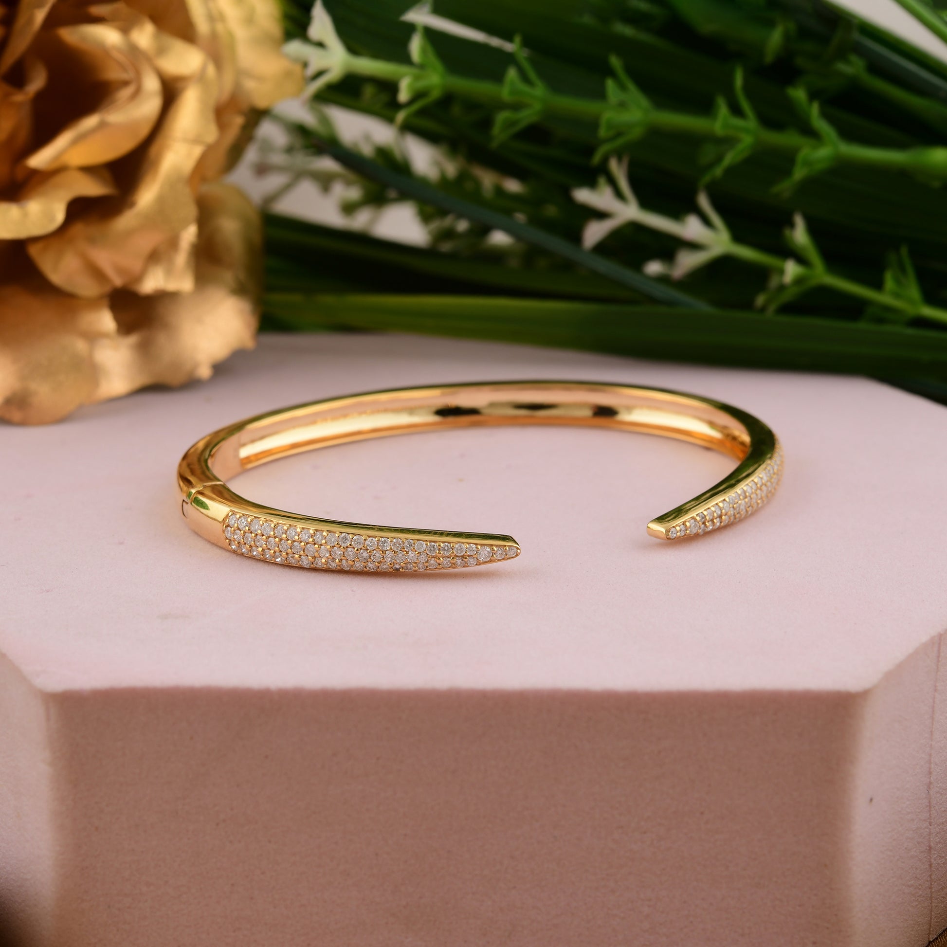 Luxury Women's Diamond Pavé Open Cuff Bangle Bracelet in Gold