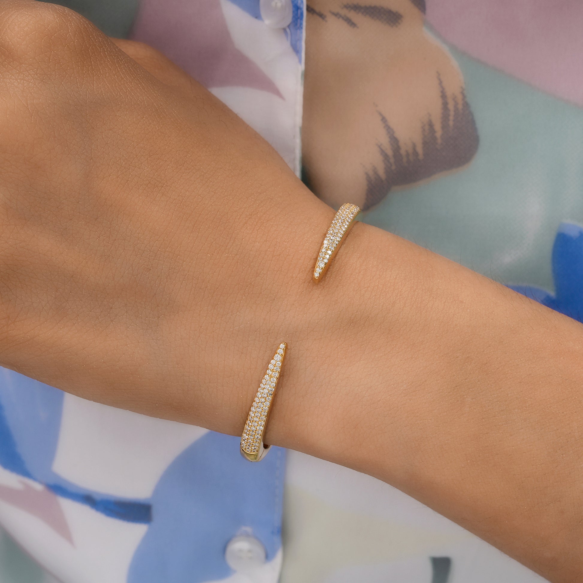 Luxury Women's Diamond Pavé Open Cuff Bangle Bracelet in Gold