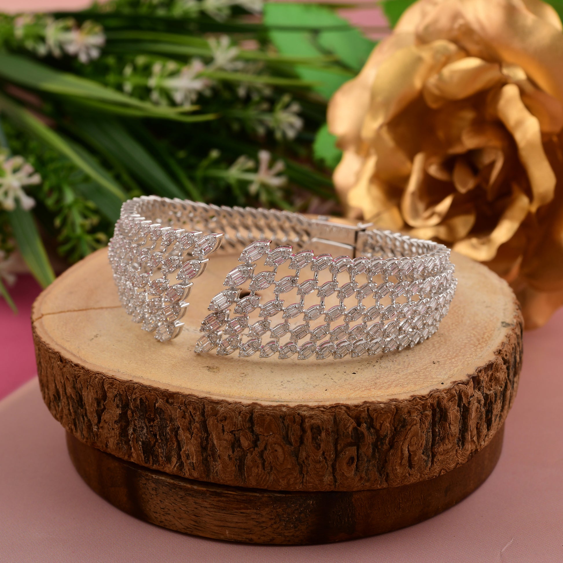 Gold Diamond Open Cuff Bracelet for Women Wide Mesh Bangle Design