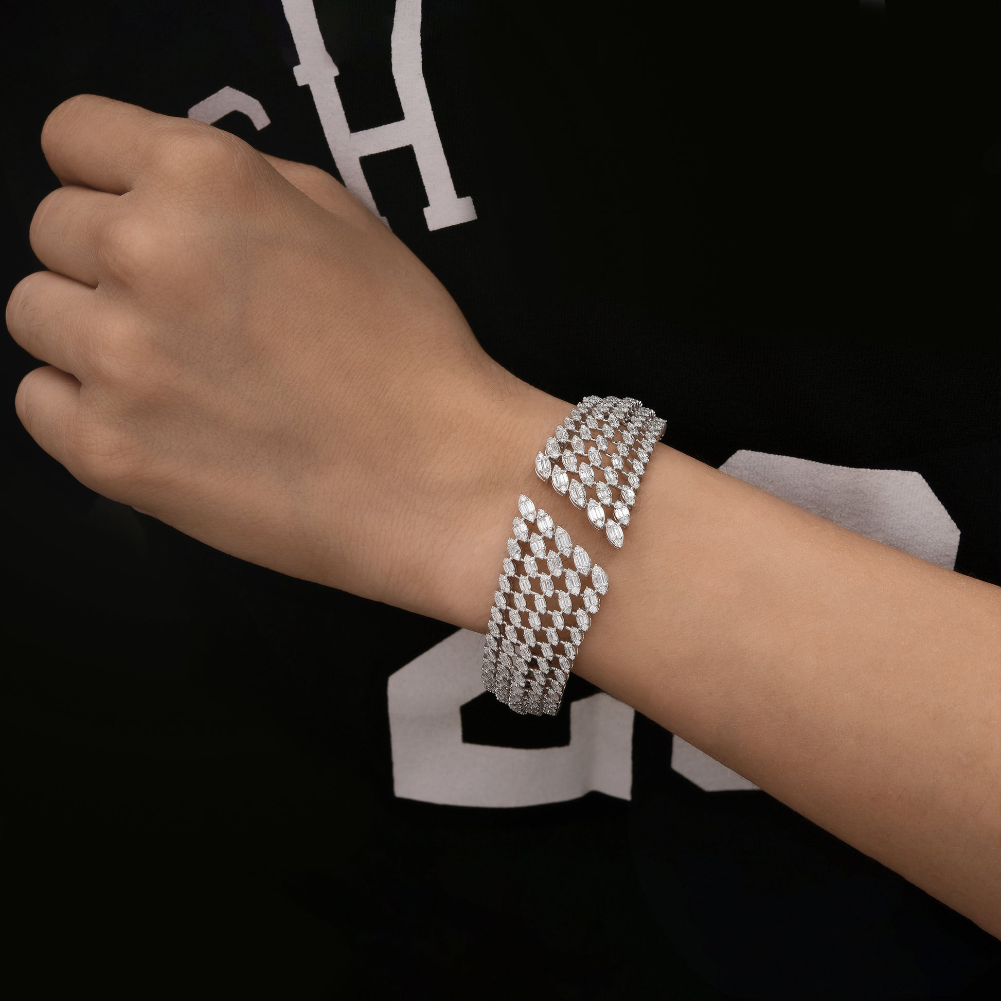 Gold Diamond Open Cuff Bracelet for Women Wide Mesh Bangle Design