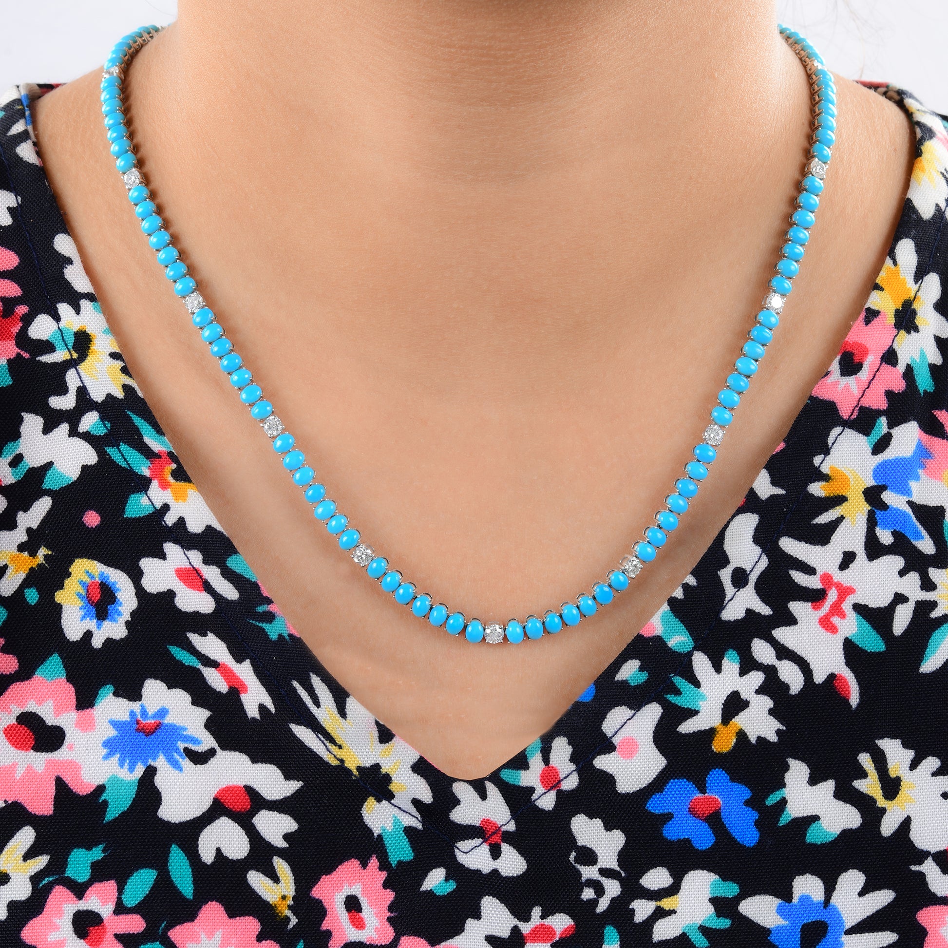 26.55 tcw Diamond Blue Turquoise Stone Tennis Necklace