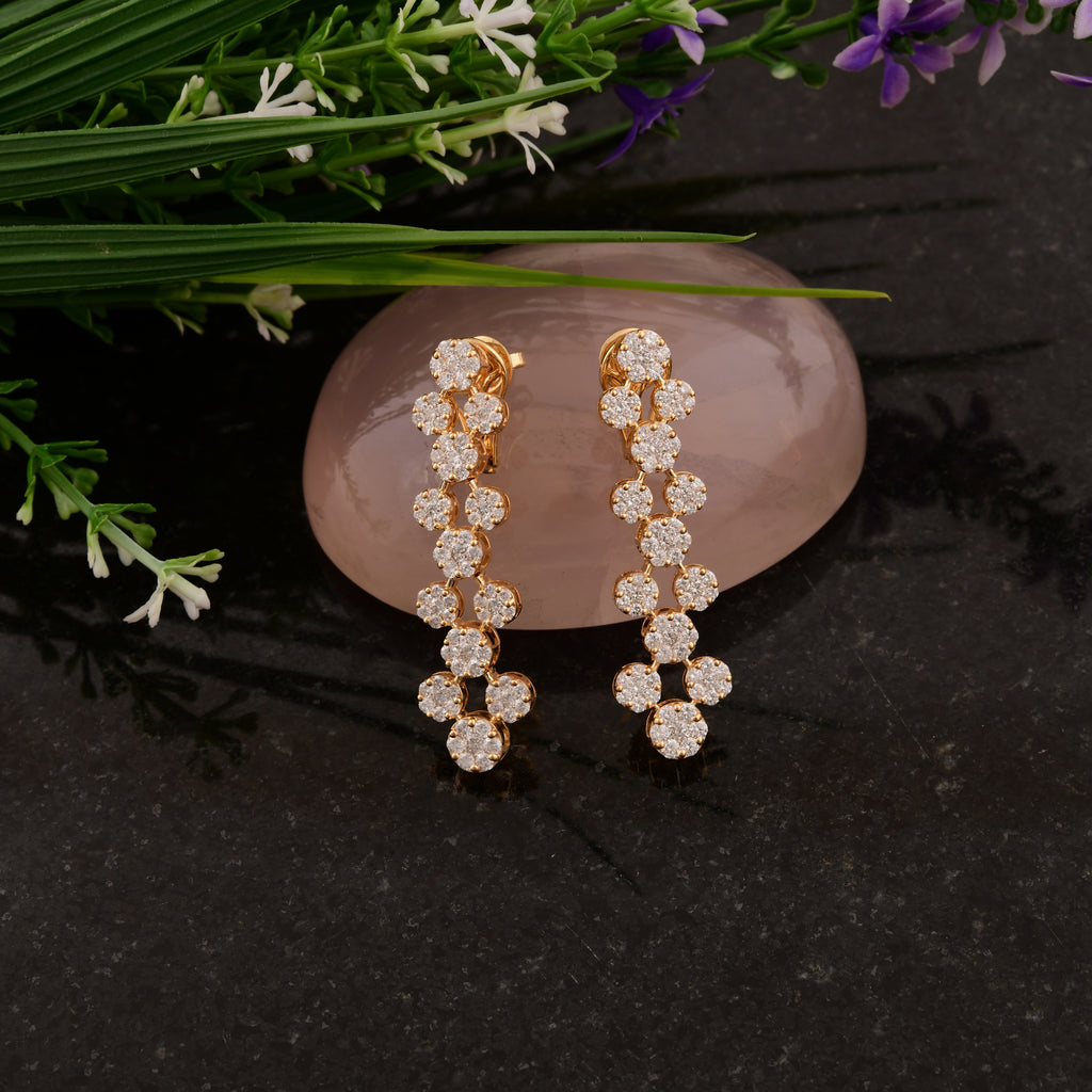 Fine Gold Pave Set Round Brilliant Cut 4.41Ct Natural Diamond Dangle Drop Earrings