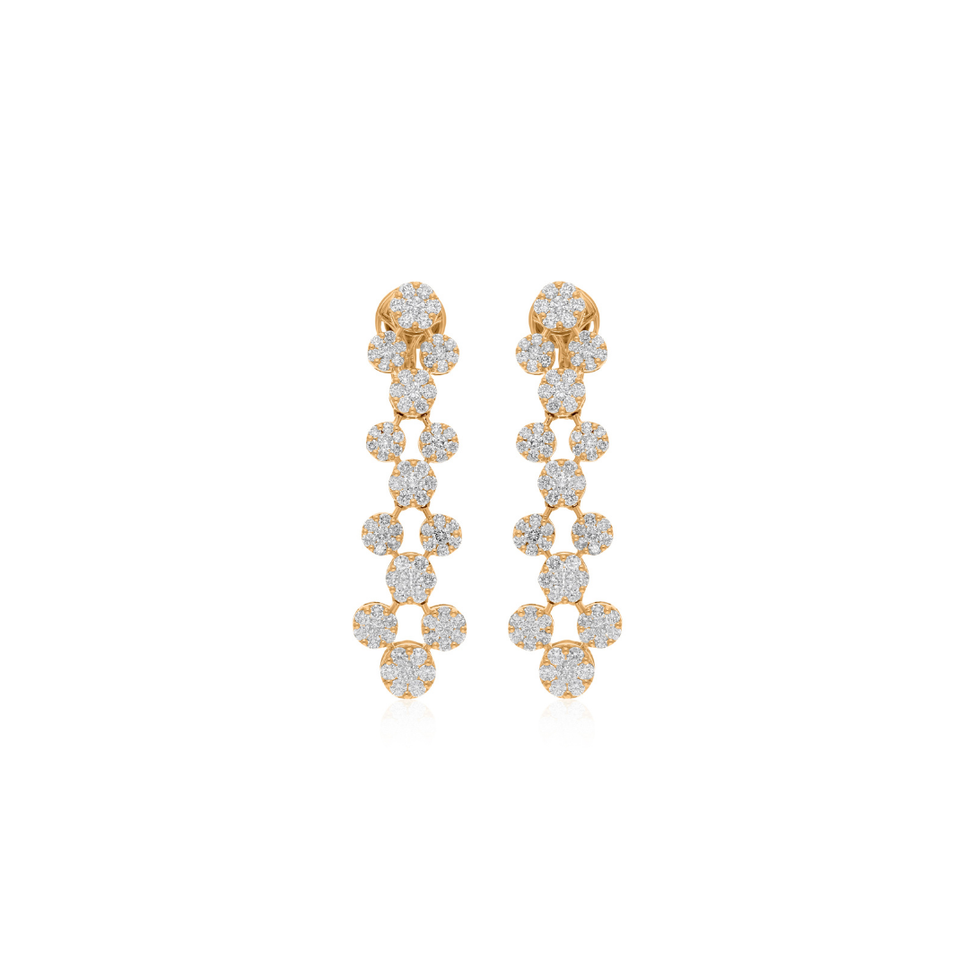 Fine Gold Pave Set Round Brilliant Cut 4.41Ct Natural Diamond Dangle Drop Earrings