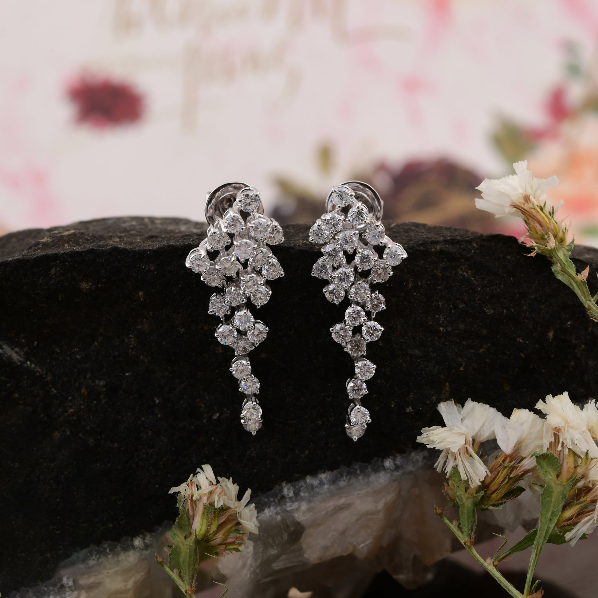 Starburst Round Brilliant Cut 2.4Ct Natural Diamond Dangle Drop Push Back Earrings