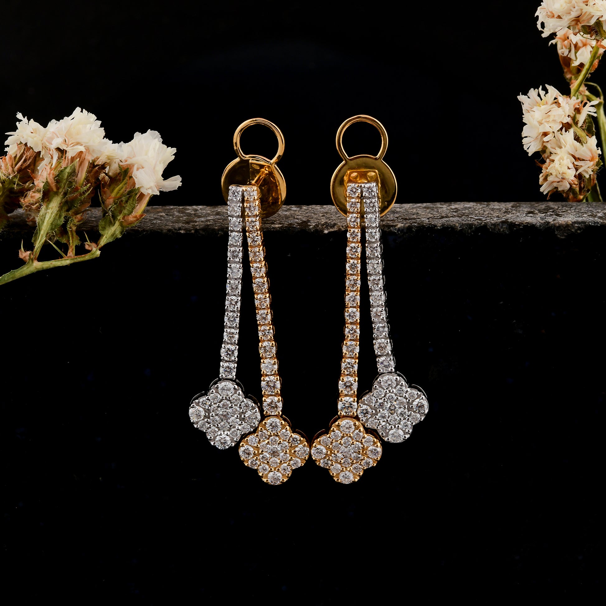 Dual Tone Gold Round Brilliant Cut 2.7Ct Natural Diamond Dangle Drop Earrings