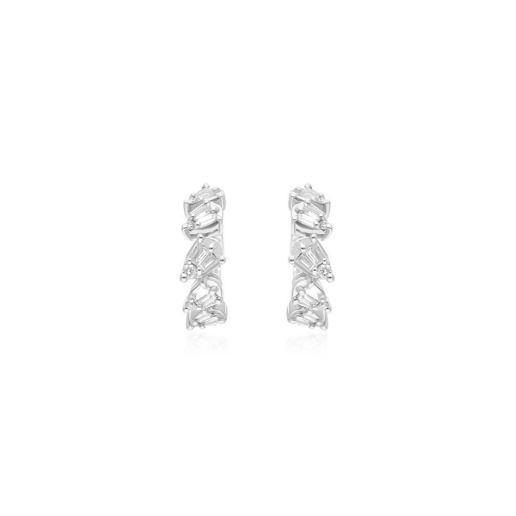 Dainty Solid Gold Baguette Cut Natural Diamond Huggies Hoop Earrings