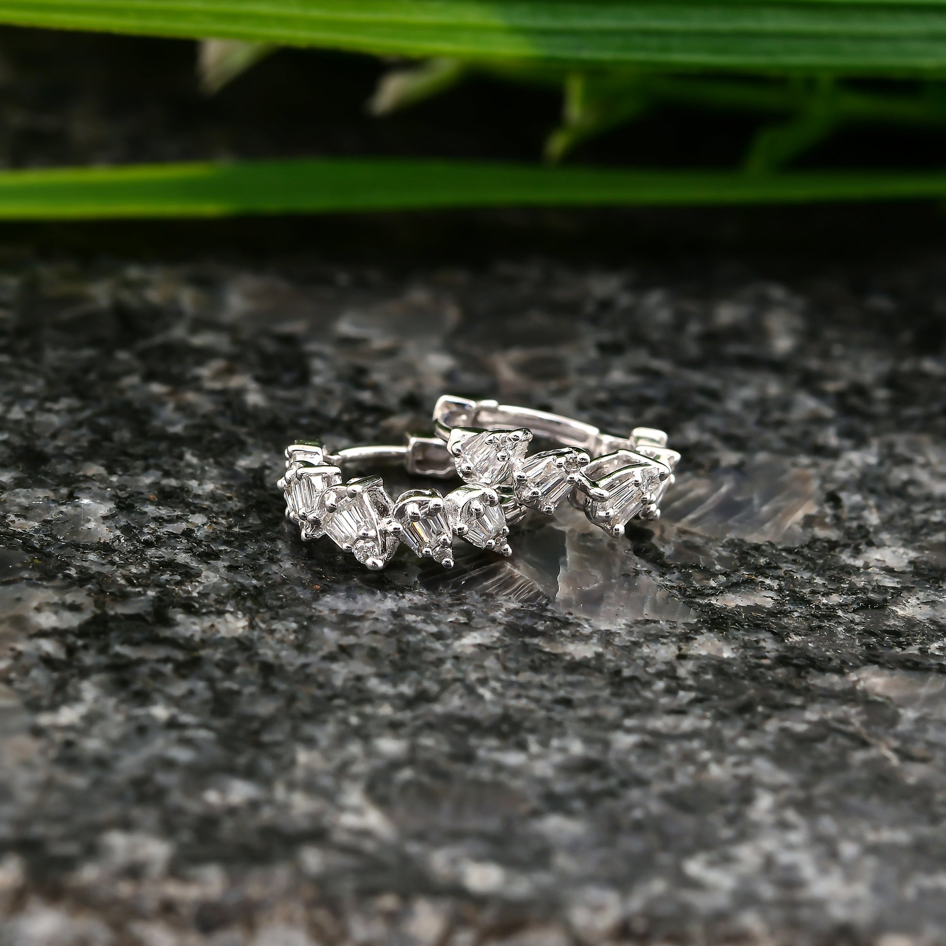 Dainty Solid Gold Baguette Cut Natural Diamond Huggies Hoop Earrings
