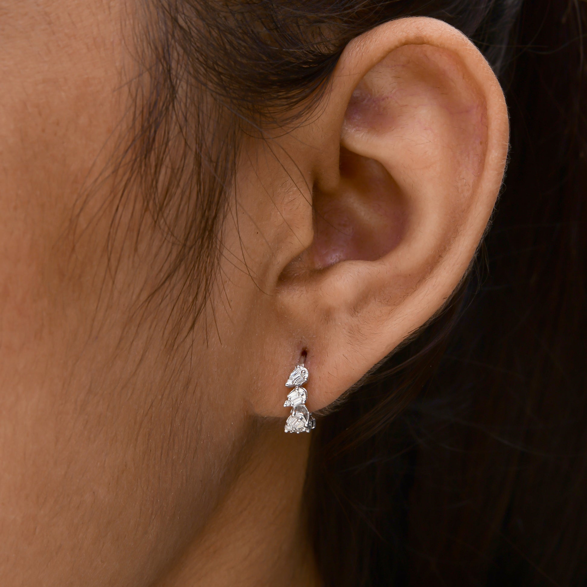 Dainty Solid Gold Baguette Cut Natural Diamond Huggies Hoop Earrings