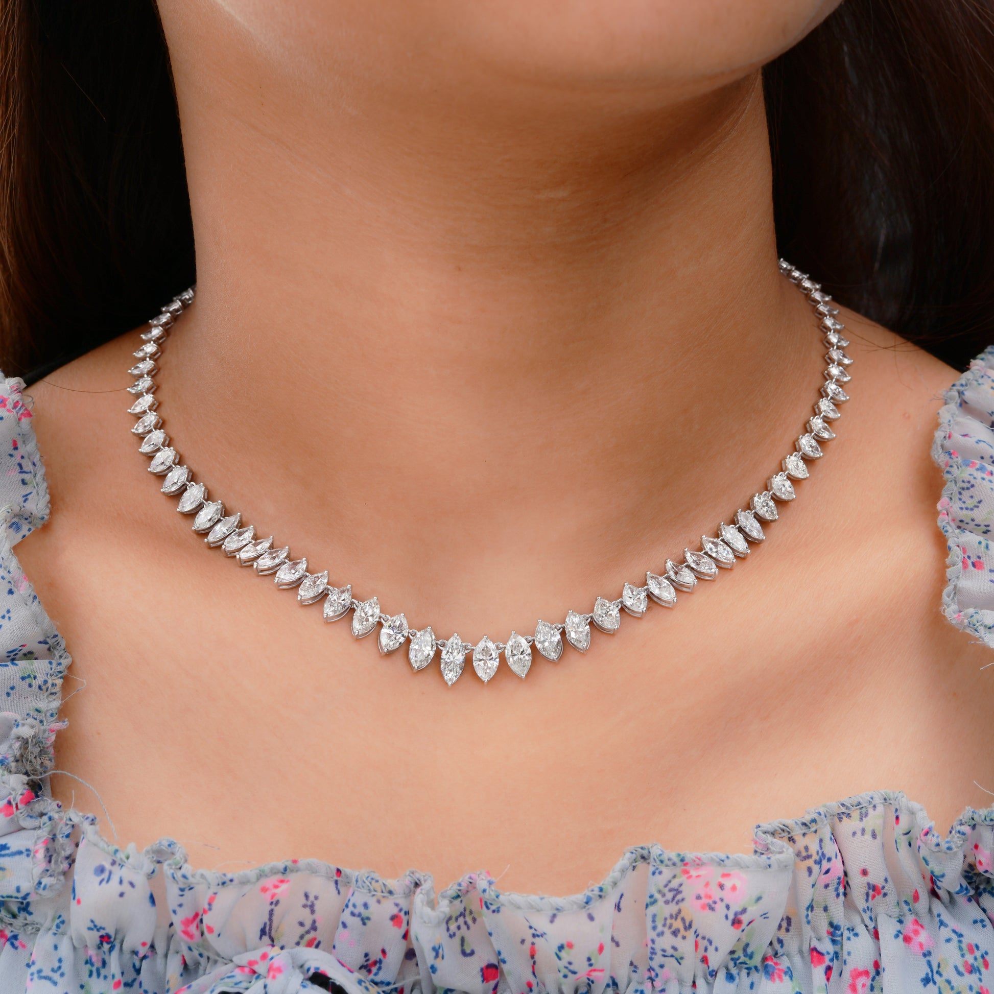 Solid Gold 14.87Ct Marquise Cut Statement Natural Diamond Bridal Necklace