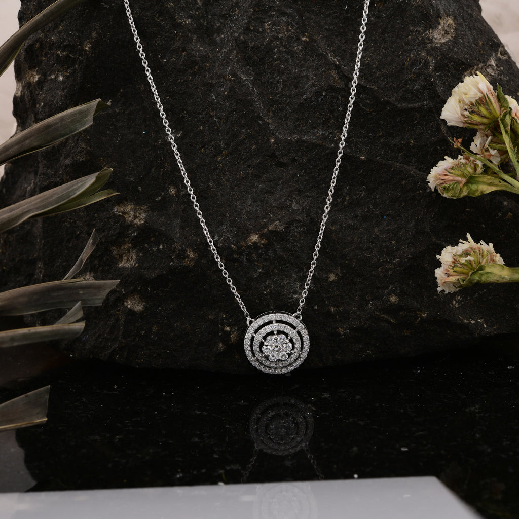 Fine Gold Round Cut Double Halo 0.77Ct Natural Diamond Pendant Chain Necklace