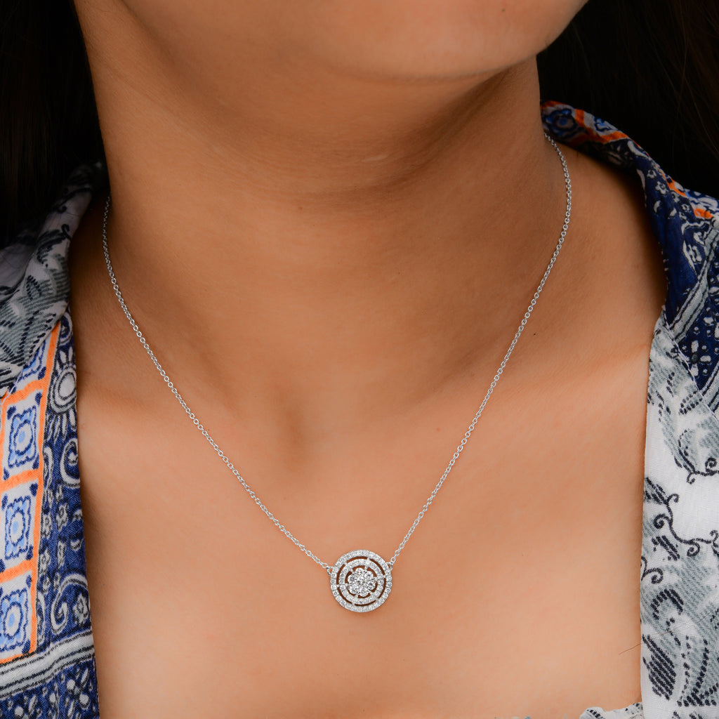 Fine Gold Round Cut Double Halo 0.77Ct Natural Diamond Pendant Chain Necklace