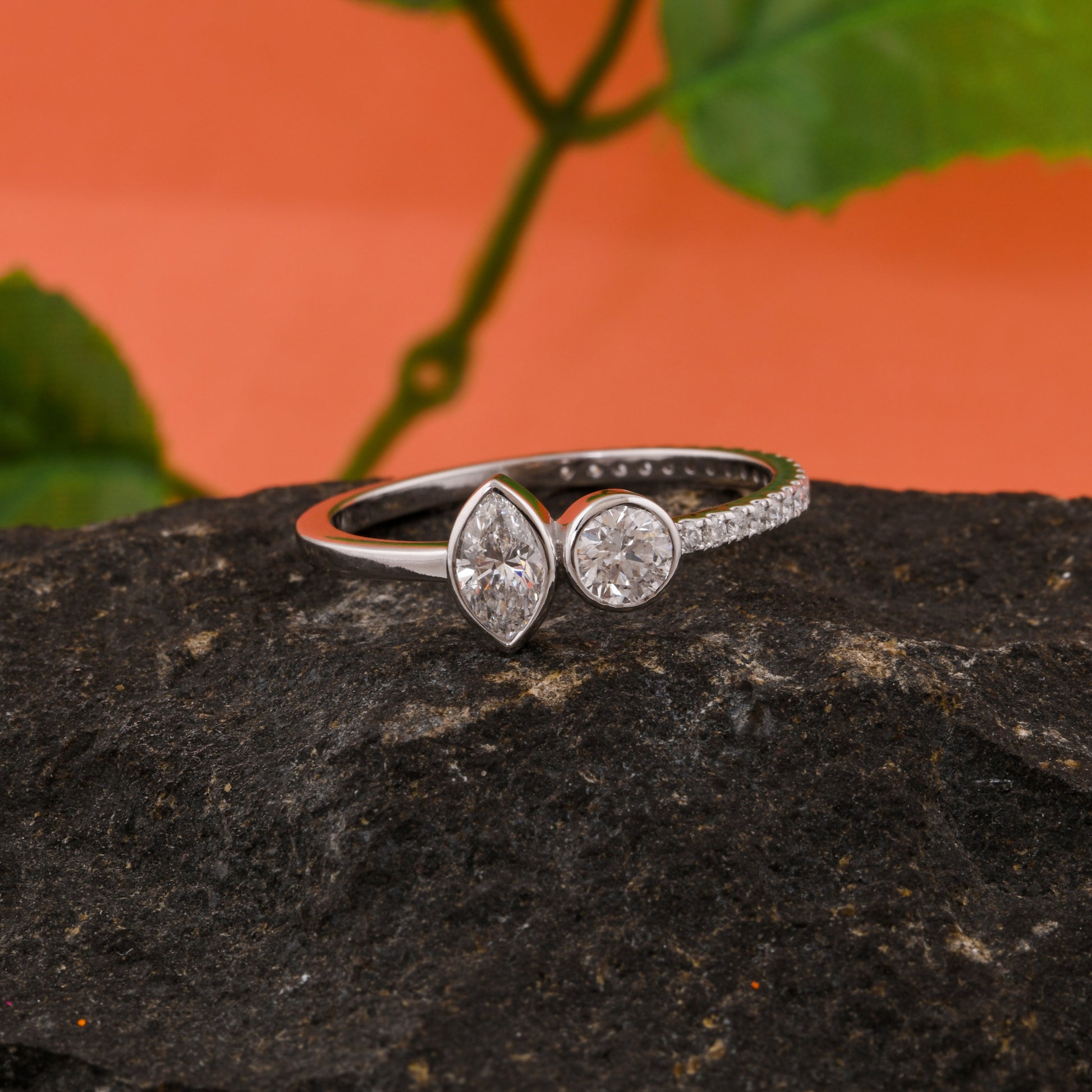 Dainty Mixed Cut Two Stone Diamond Band Propose Ring