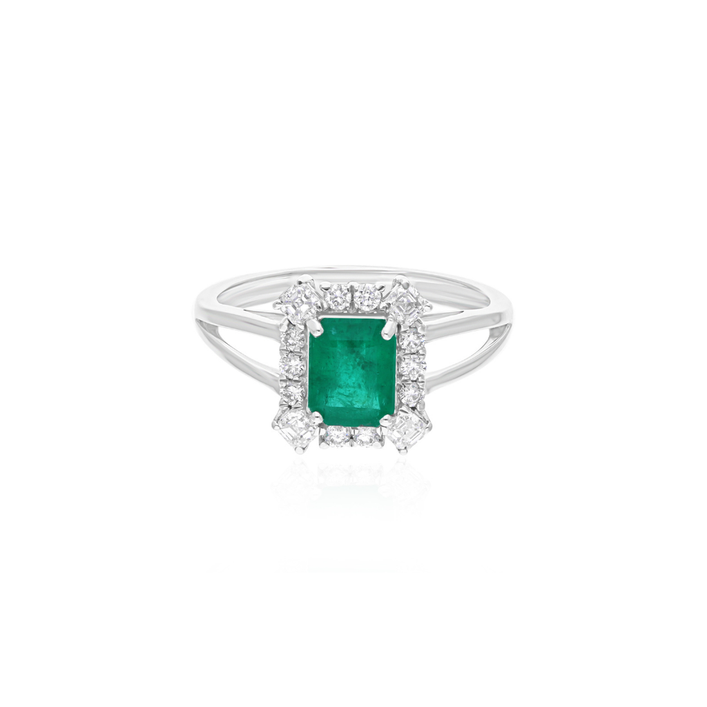 1.66Ct Emerald Cut Prong Set Emerald Halo Diamond Anniversary Cocktail Ring