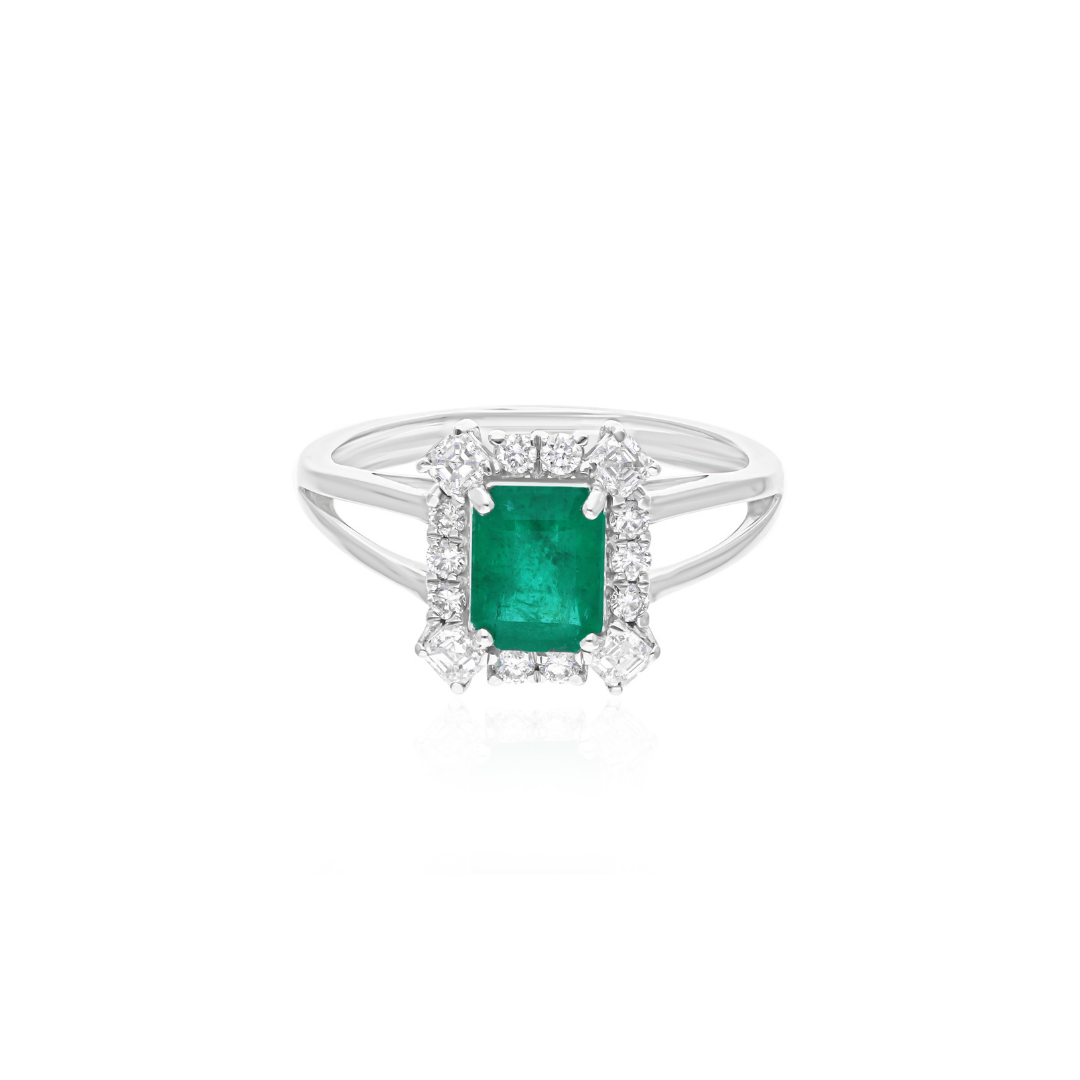 1.66Ct Emerald Cut Prong Set Emerald Halo Diamond Anniversary Cocktail Ring