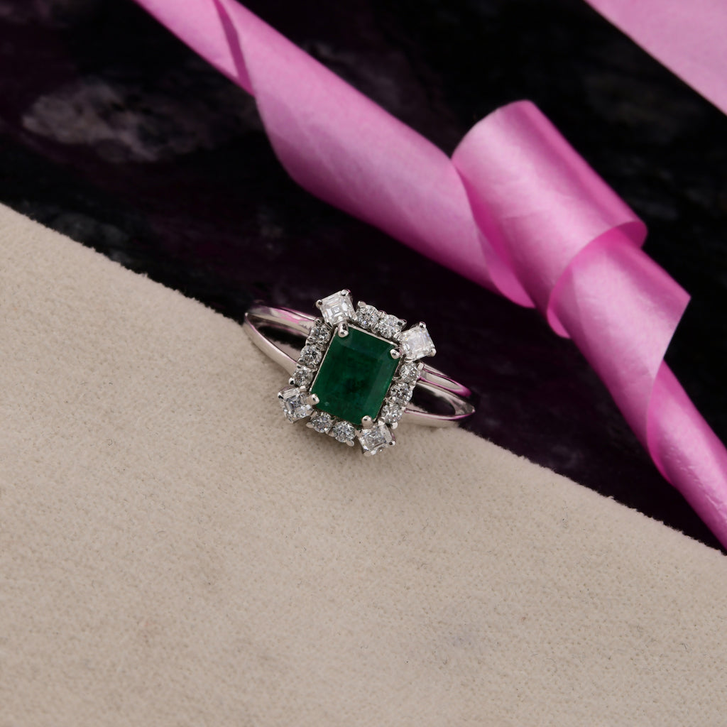 1.66Ct Emerald Cut Prong Set Emerald Halo Diamond Anniversary Cocktail Ring