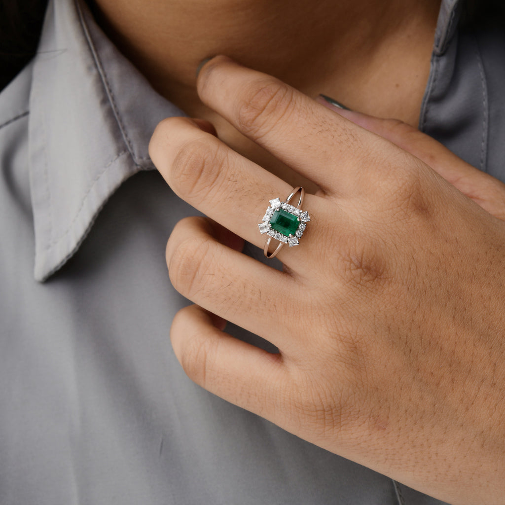 1.66Ct Emerald Cut Prong Set Emerald Halo Diamond Anniversary Cocktail Ring