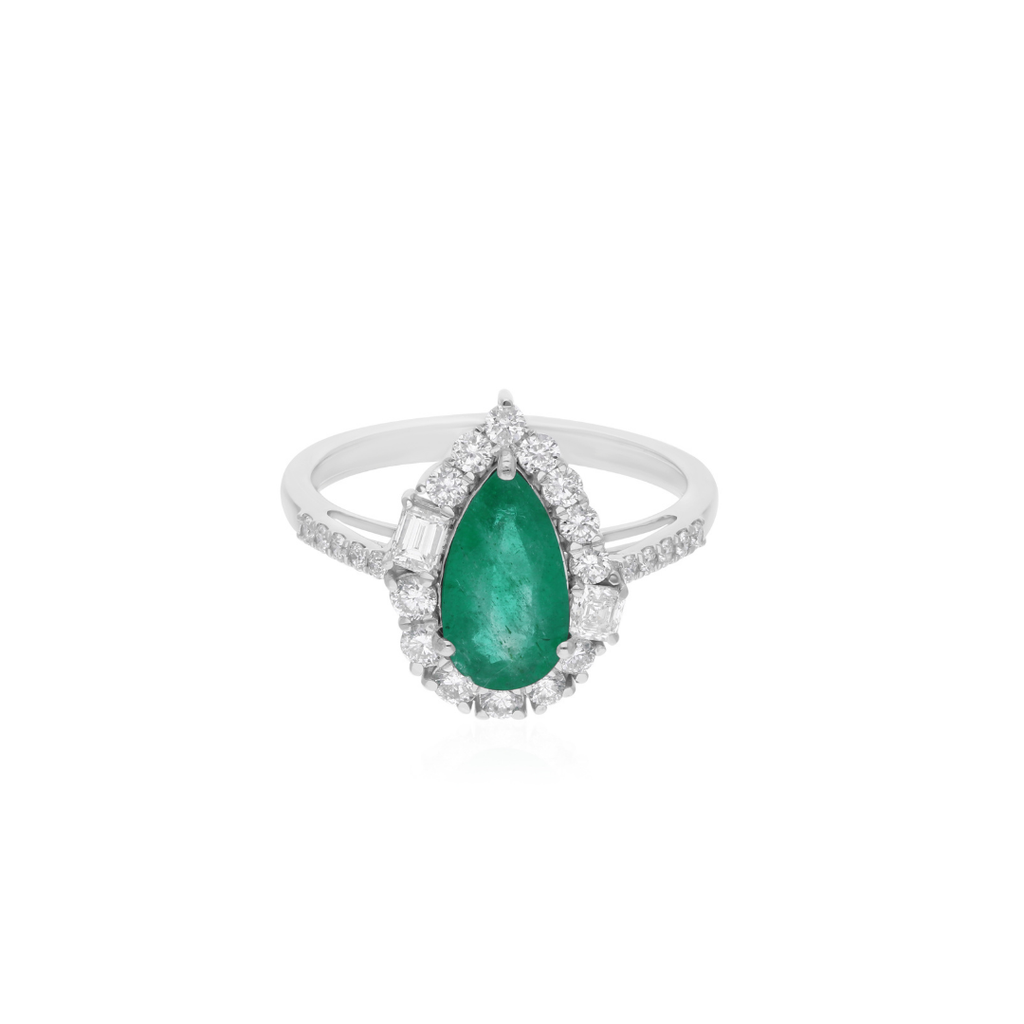 1.71Ct Pear Cut Emerald Halo Real Diamond Anniversary Ring In Fine Gold