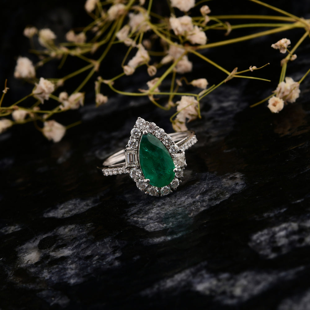 Handmade Pear Cut Emerald Halo Real Diamond Wedding Ring in Fine Gold