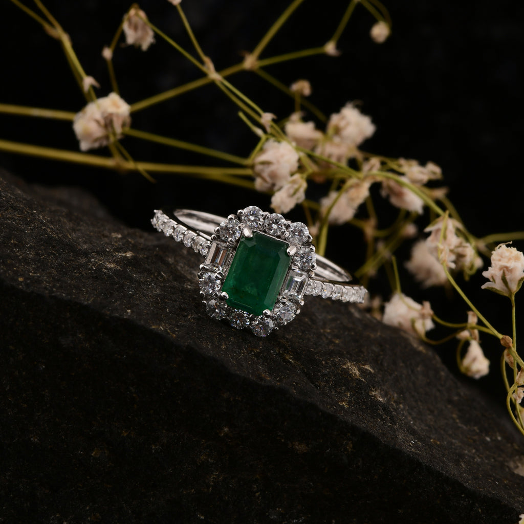 1.45Tcw Certified Zambian Emerald Halo Diamond anniversary Ring For Women