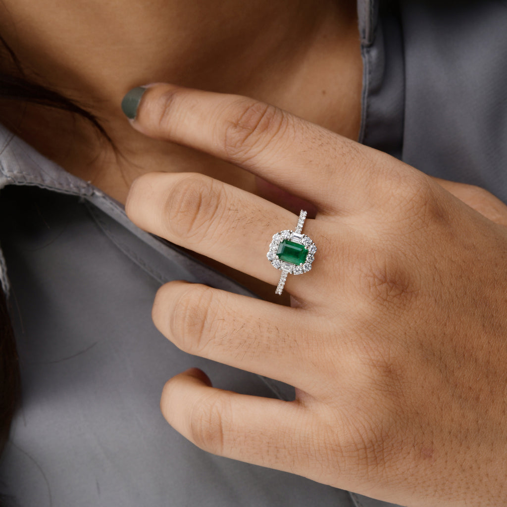 1.45Tcw Certified Zambian Emerald Halo Diamond anniversary Ring For Women
