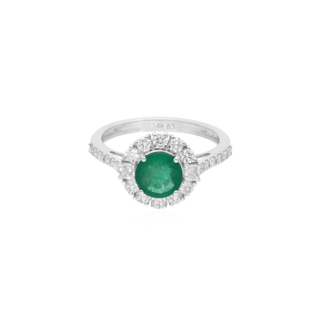 1.72Tcw Round Cut Emerald Gemstone Halo Diamond Engagement Ring In Gold