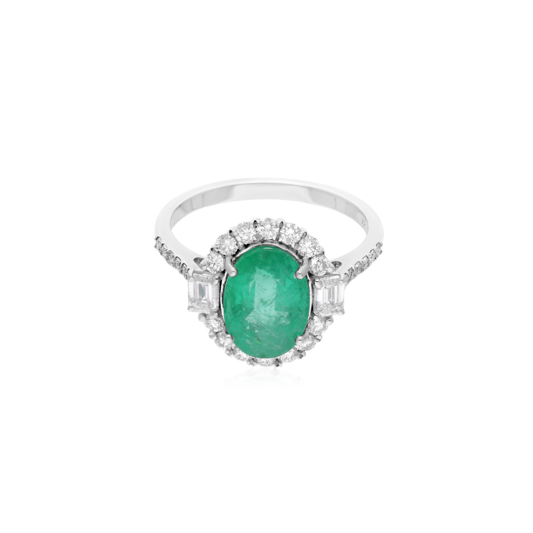 3.20Tcw HI/SI Diamond Real Zambian Emerald Engagement Oval Ring In Gold