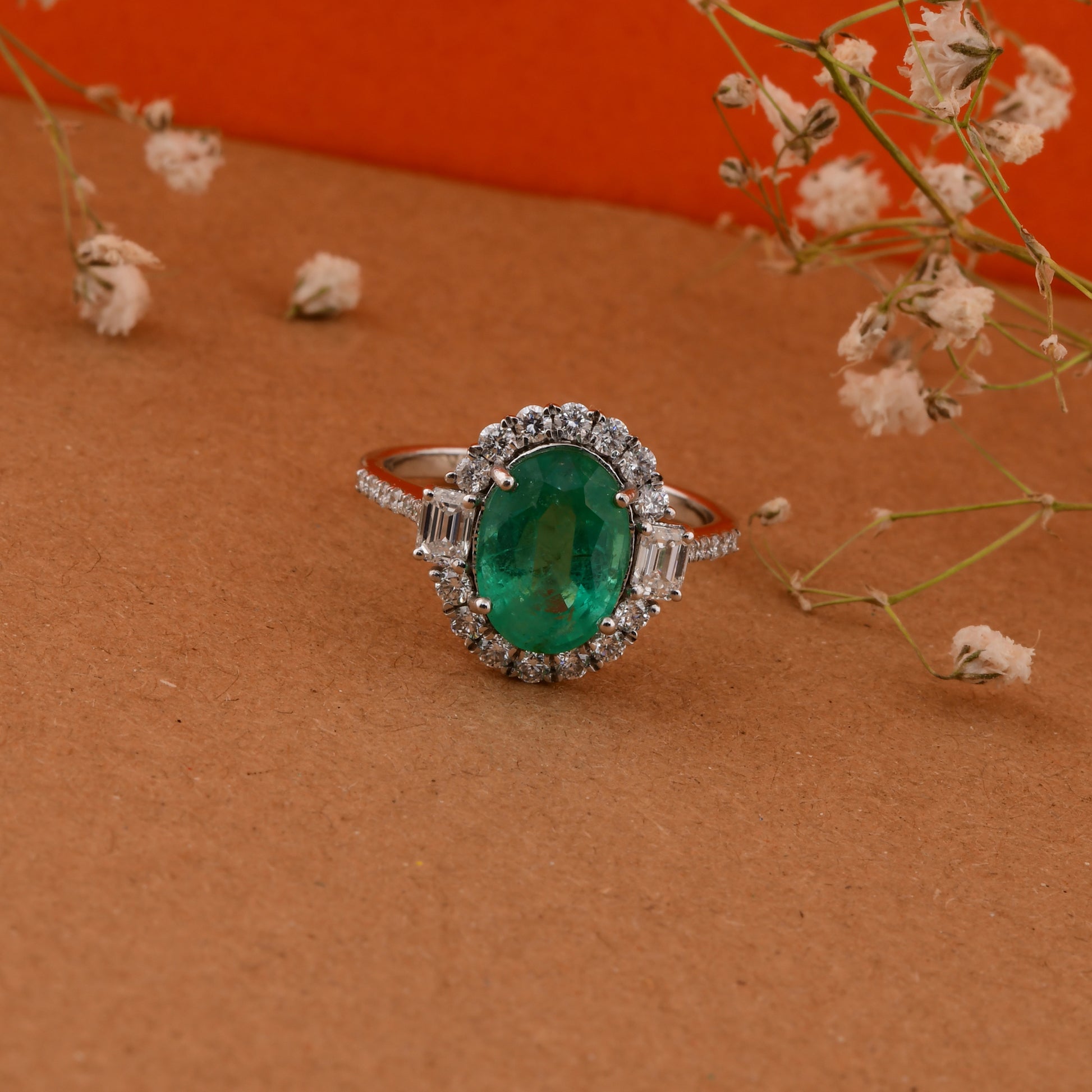 3.20Tcw HI/SI Diamond Real Zambian Emerald Engagement Oval Ring In Gold