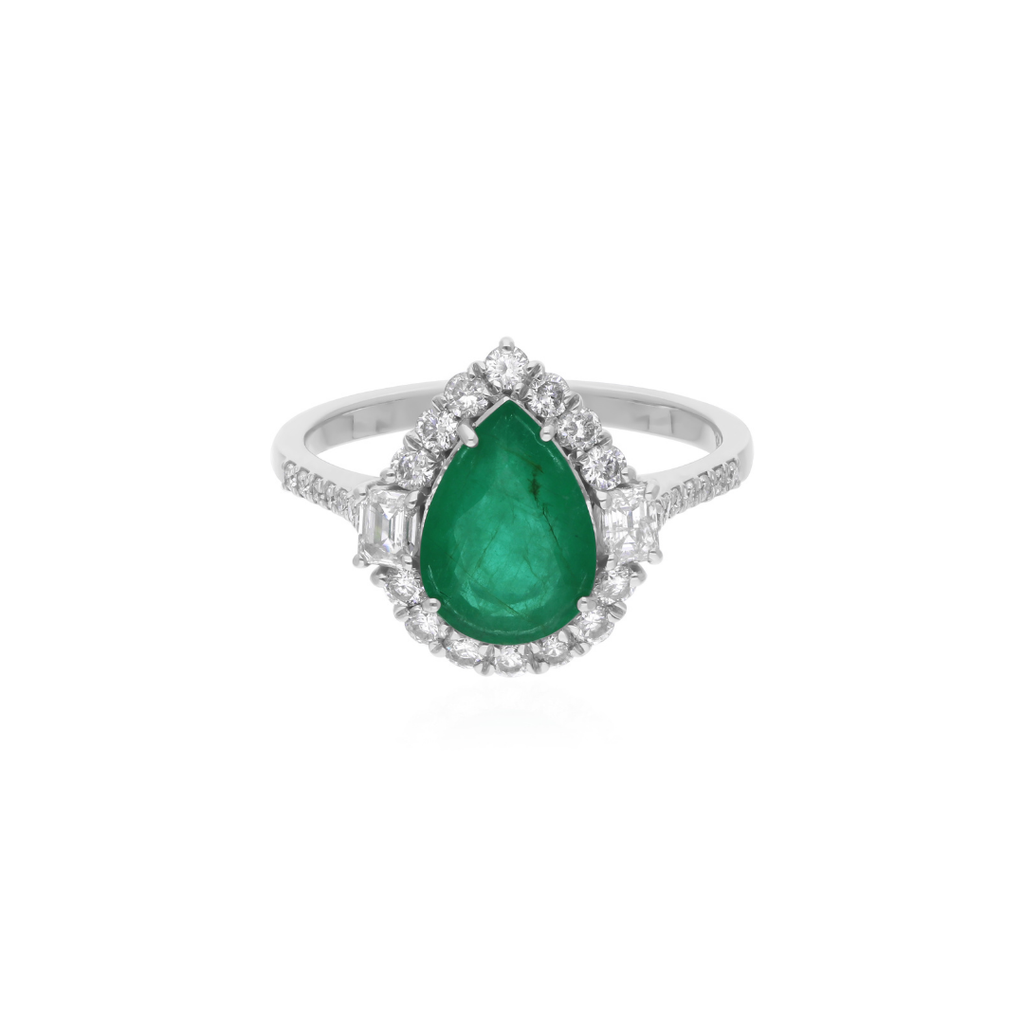 Teardrop 1.6Ct Emerald Halo Round Brilliant Cut Diamond Bridesmaid Ring In Gold