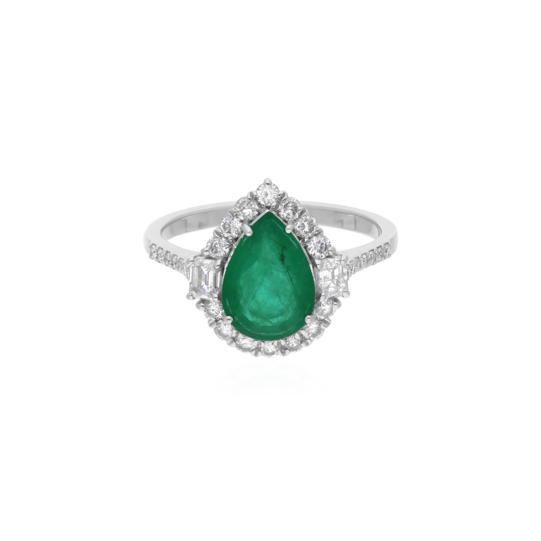 Teardrop 1.6Ct Emerald Halo Round Brilliant Cut Diamond Bridesmaid Ring In Gold