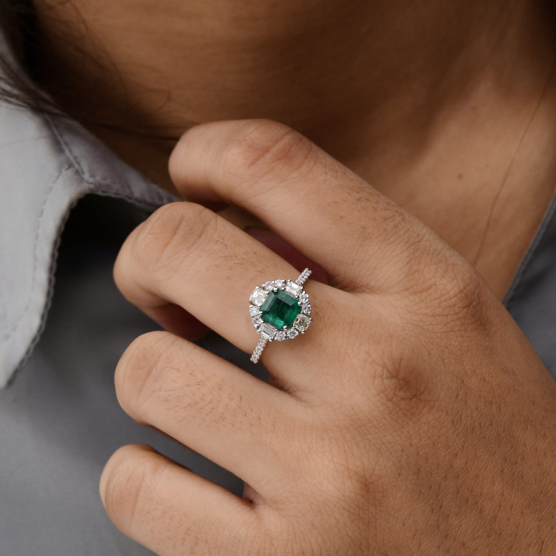 1.87Tcw Designer Real Zambian Emerald Halo Diamond Anniversary Ring In Solid Gold