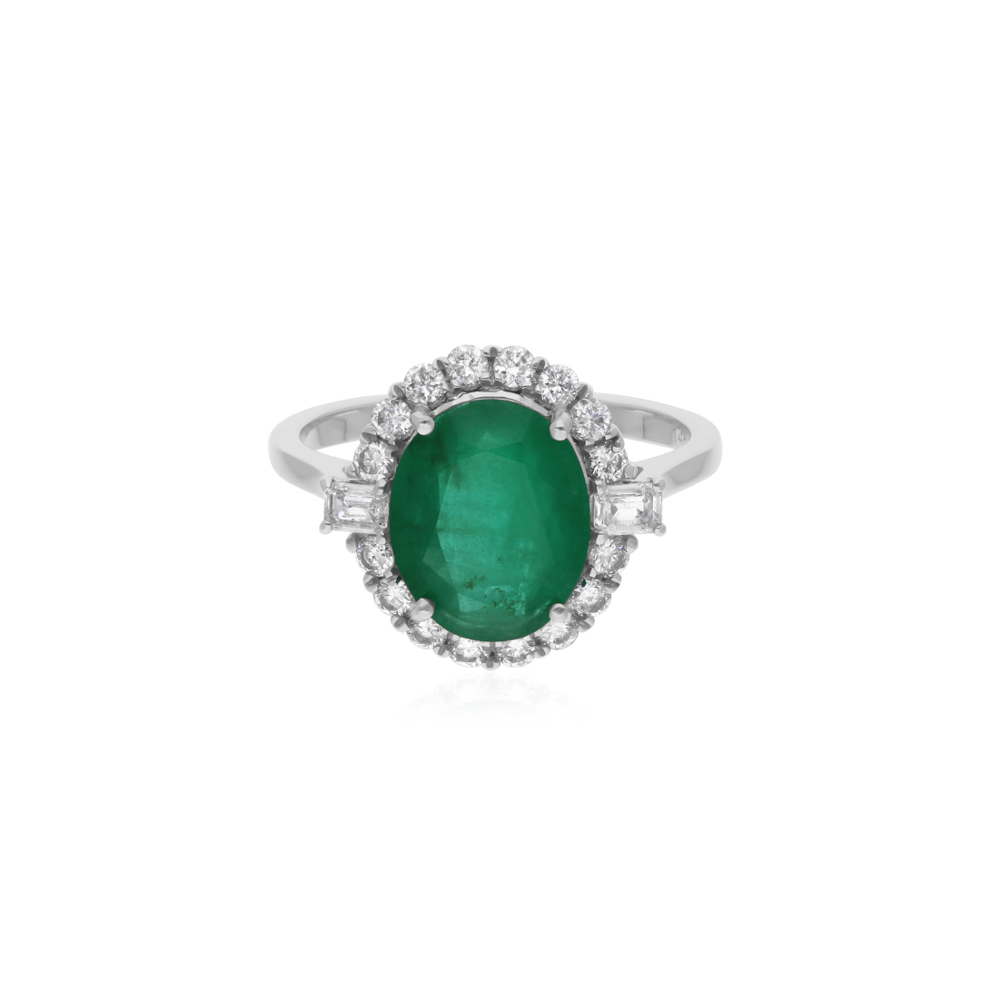 Oval Cut Zambian Emerald Gemstone HI/SI Natural Diamond Gold Ring