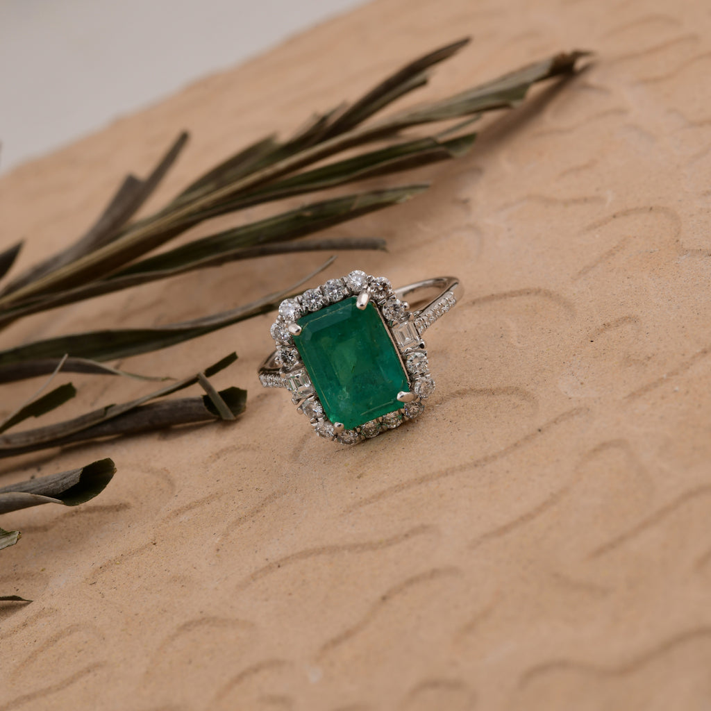 Genuine 2.84Ct Zambian Emerald Halo Diamond Anniversary Ring In Fine Gold