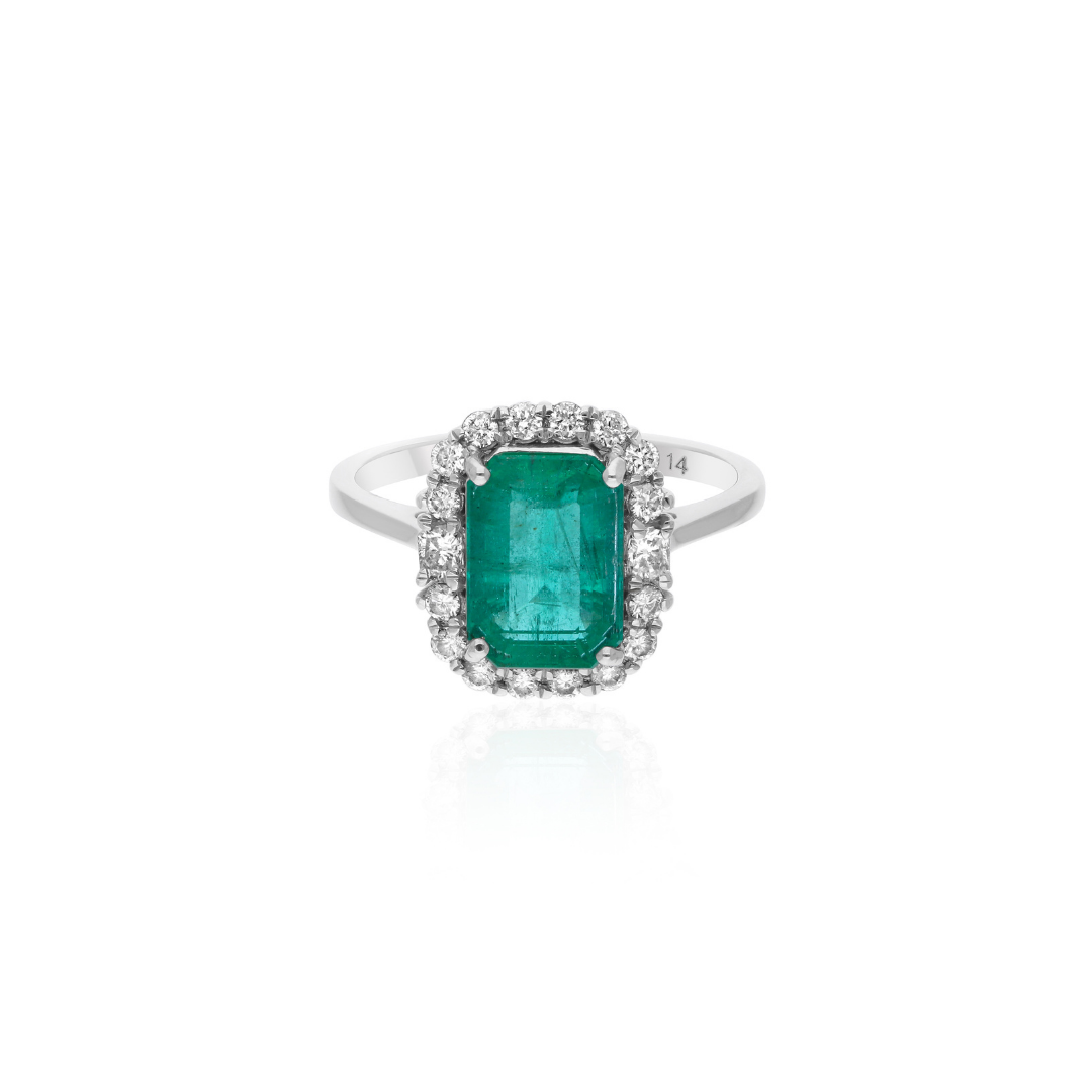 2.48Ct Real Octagon Cut Zambian Emerald Halo Diamond Wedding Ring In Solid Gold