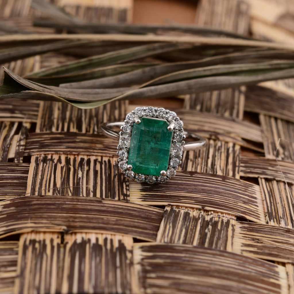 2.48Ct Real Octagon Cut Zambian Emerald Halo Diamond Wedding Ring In Solid Gold