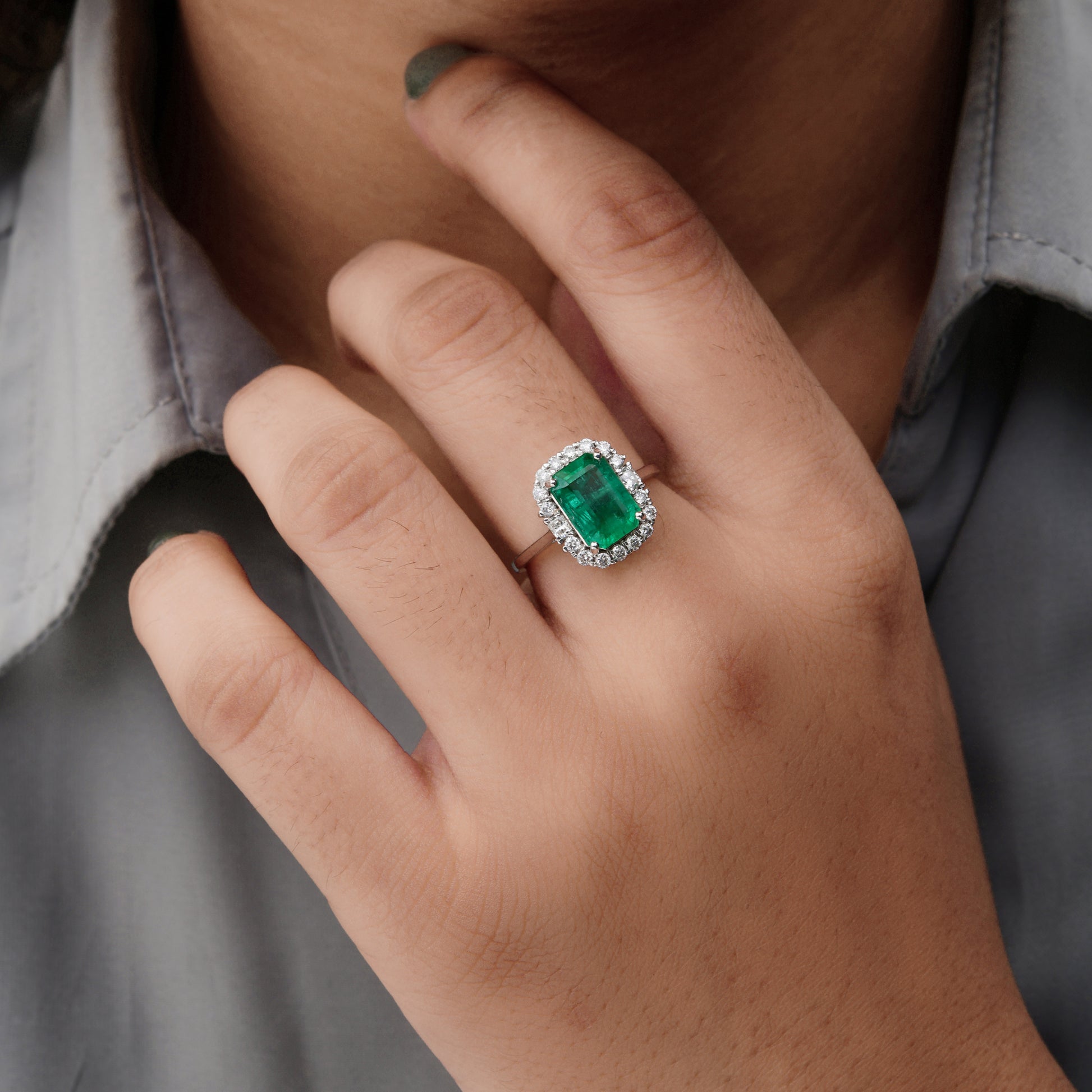 2.48Ct Real Octagon Cut Zambian Emerald Halo Diamond Wedding Ring In Solid Gold