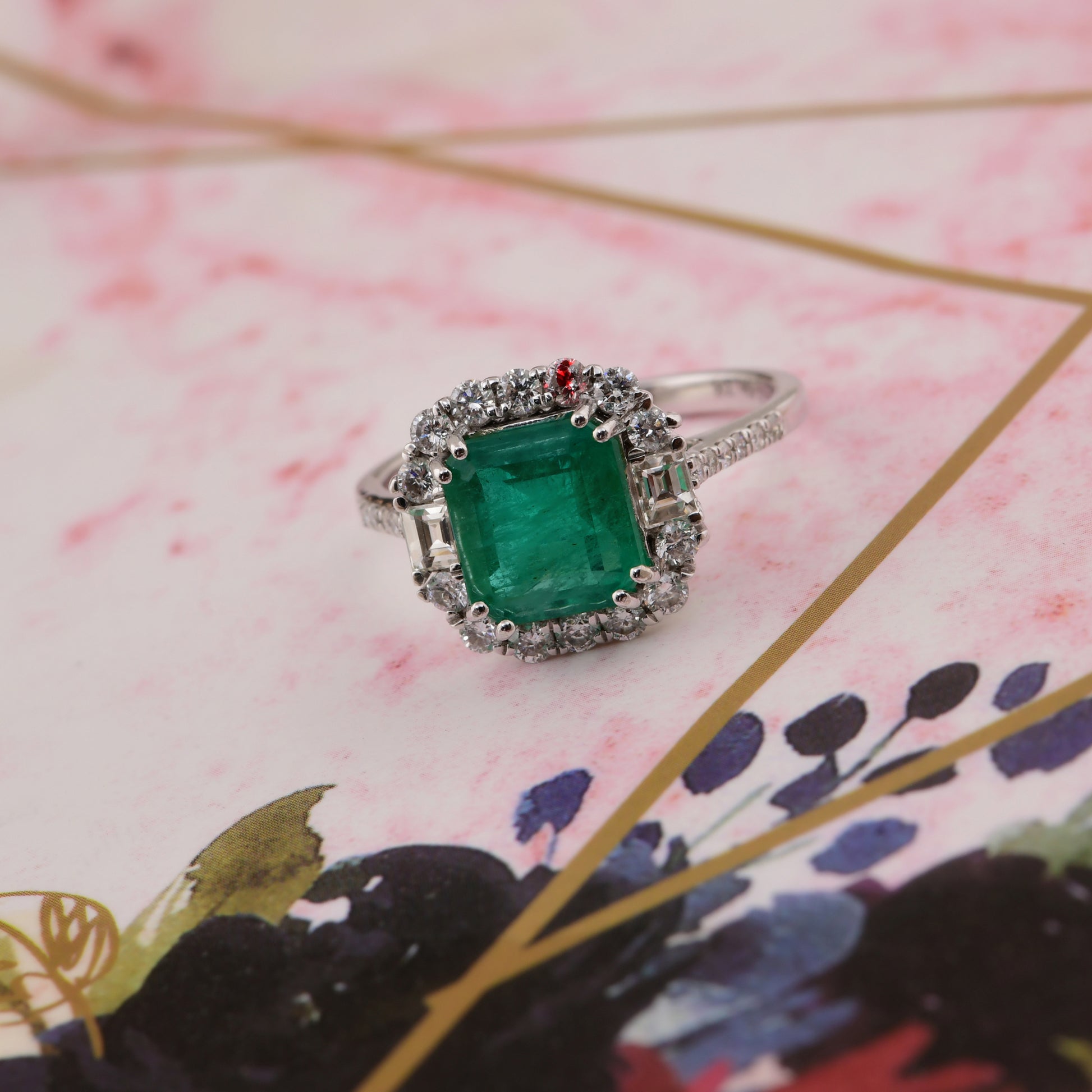 3.03Tcw Modern Green Emerald Gemstone Halo Diamond Engagement Ring In Fine Gold