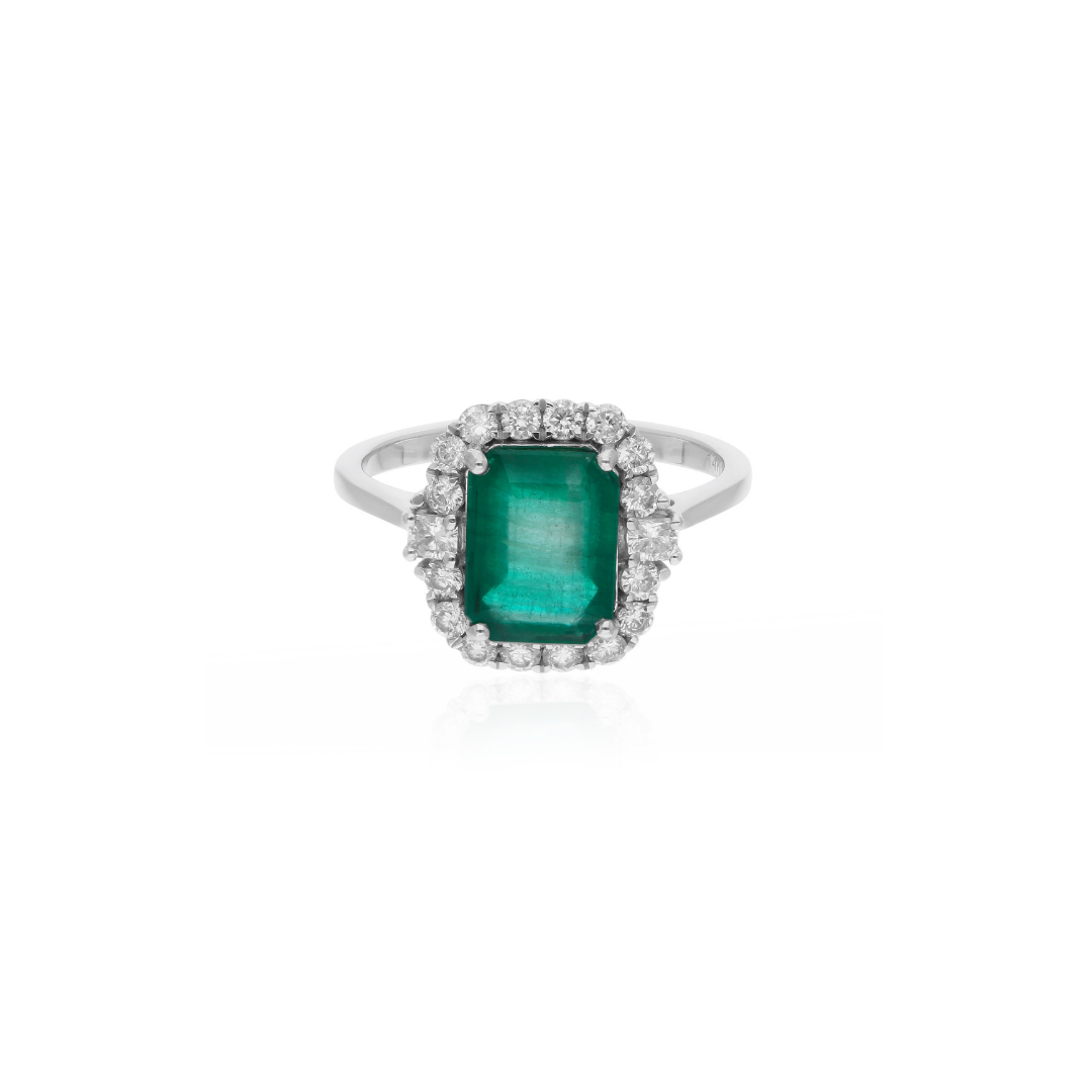 2.61Ct Octagon Cut Emerald Halo Diamond Engagement Ring In Fine Gold