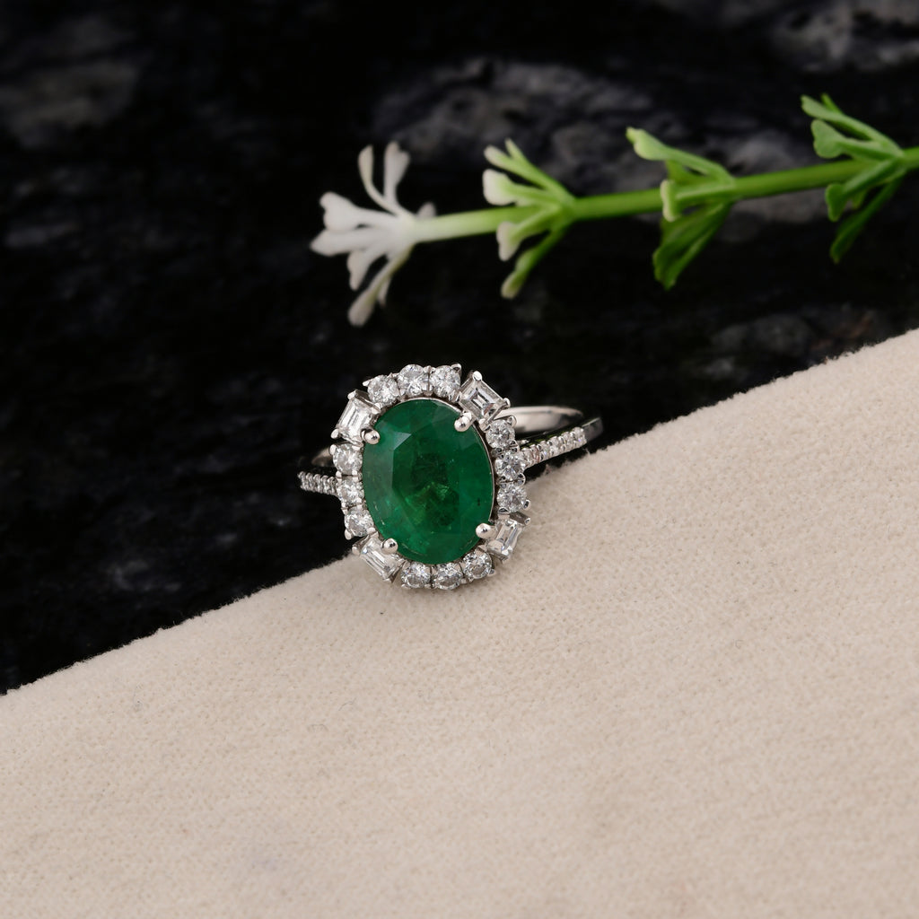 3.03Tcw Natural Emerald Halo Diamond Wedding Anniversary Ring In Fine Gold