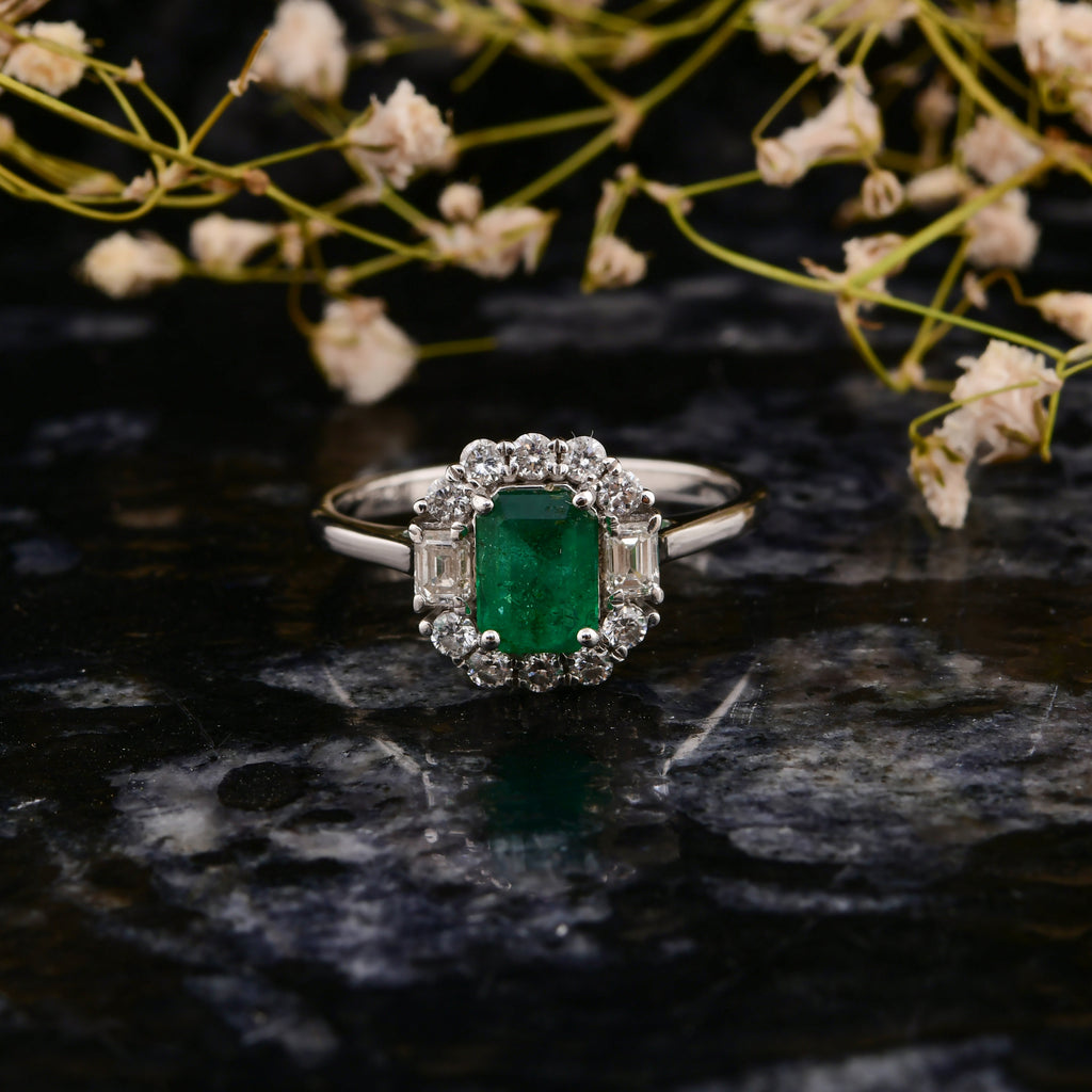 1.29Tcw Real Gold Zambian Emerald Halo Diamond Cocktail Ring For Women