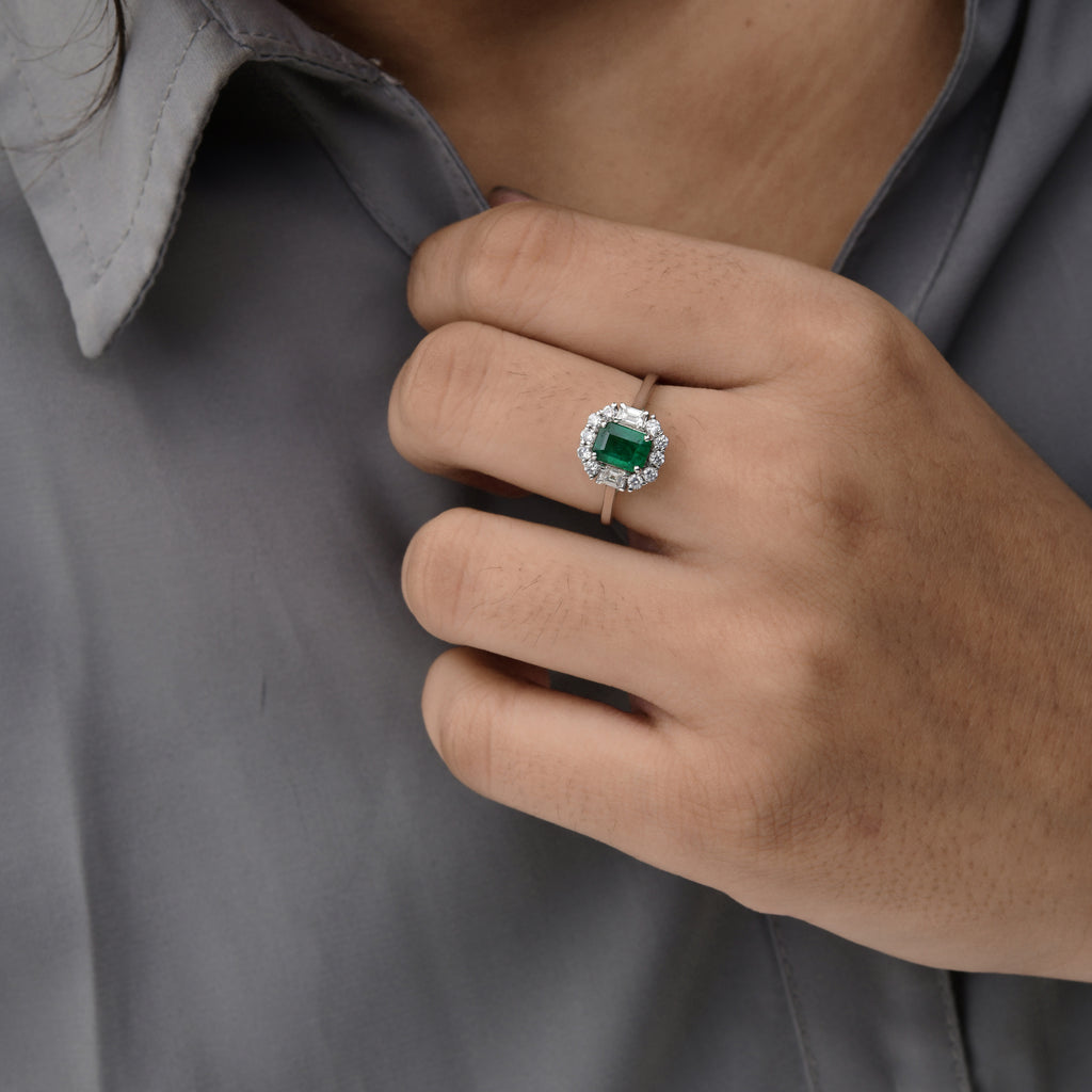 1.29Tcw Real Gold Zambian Emerald Halo Diamond Cocktail Ring For Women