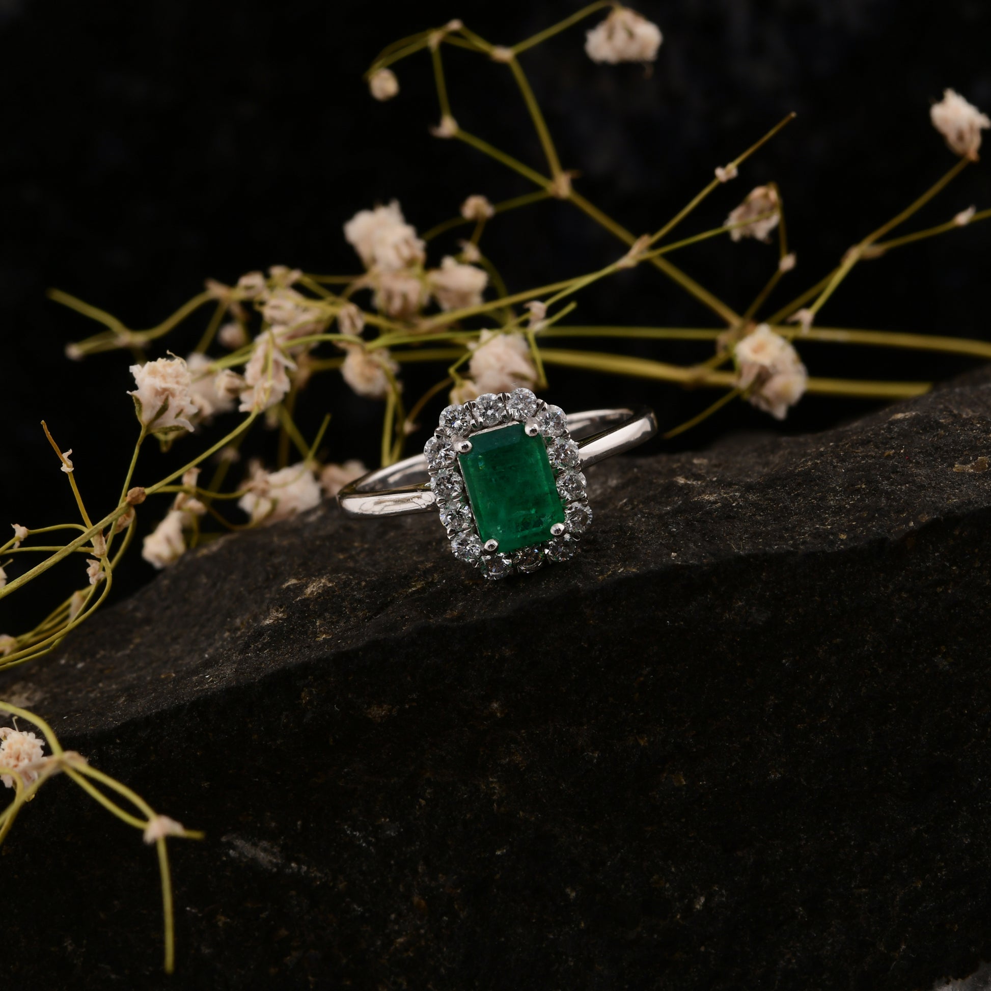 Real Gold 1.23 Tcw Zambian Emerald Natural Diamond Promise Wedding Halo Ring