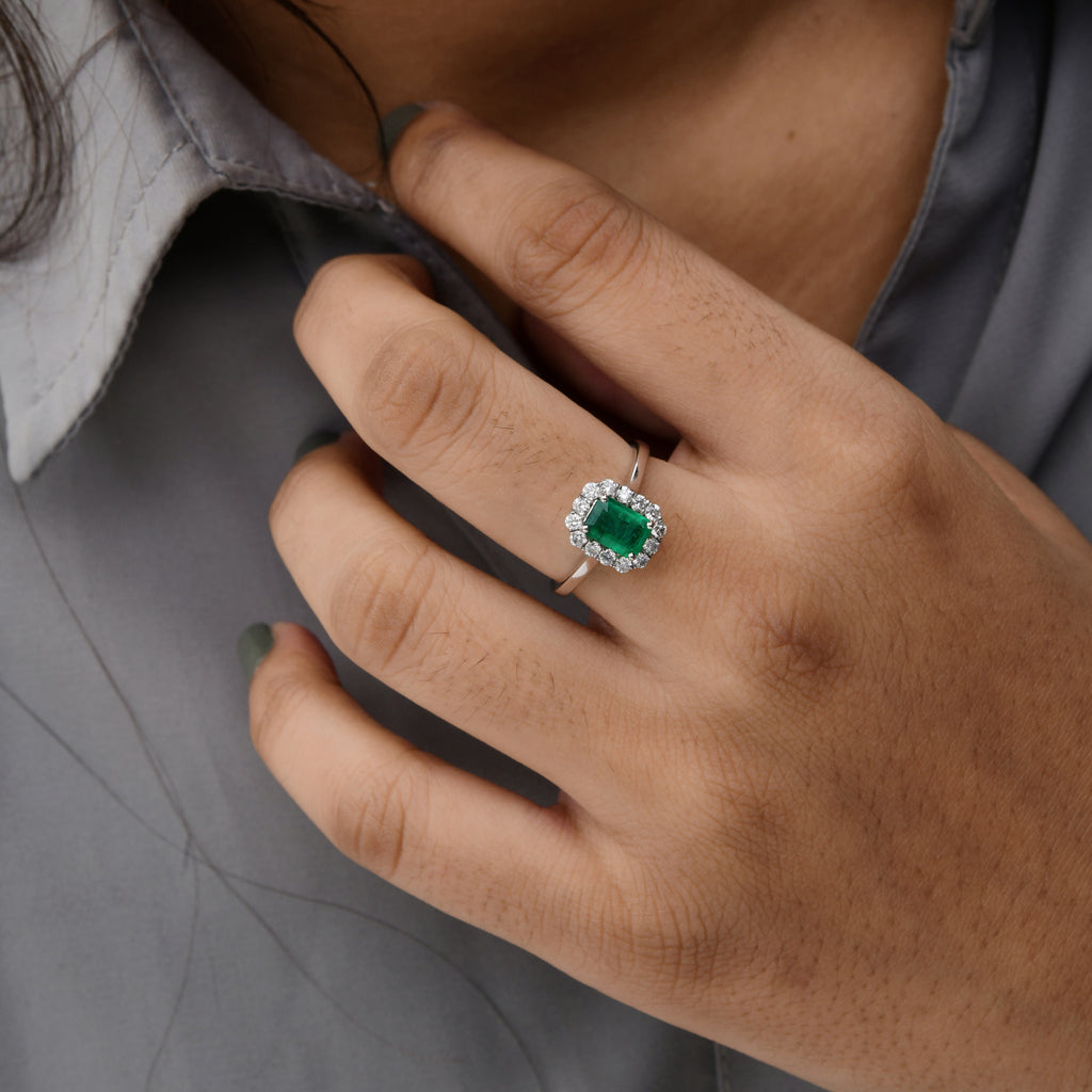 Real Gold 1.23 Tcw Zambian Emerald Natural Diamond Promise Wedding Halo Ring