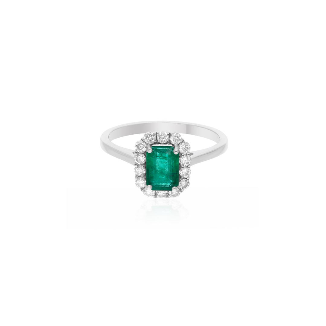 Real Gold 1.23 Tcw Zambian Emerald Natural Diamond Promise Wedding Halo Ring