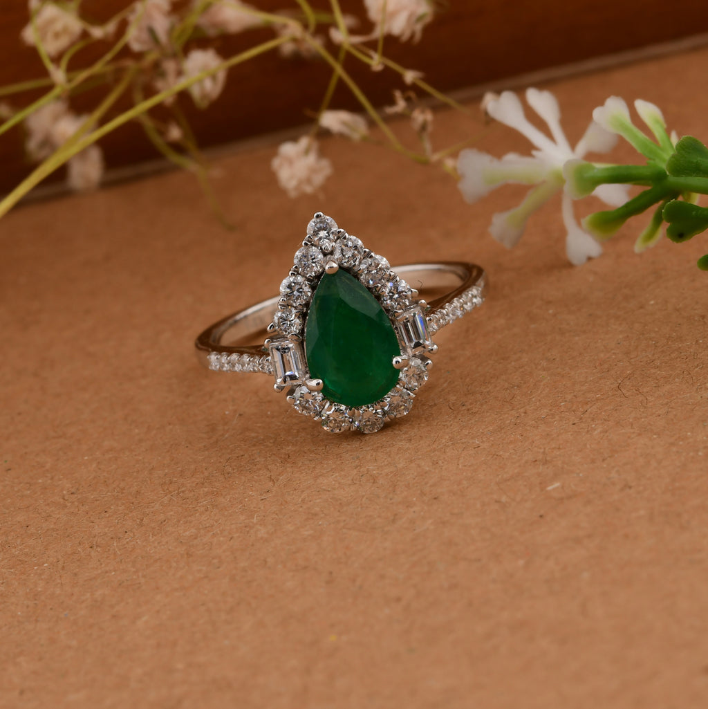 Natural Pear Shaped Zambian Emerald Halo Diamond Bridesmaid Fine Gold Ring